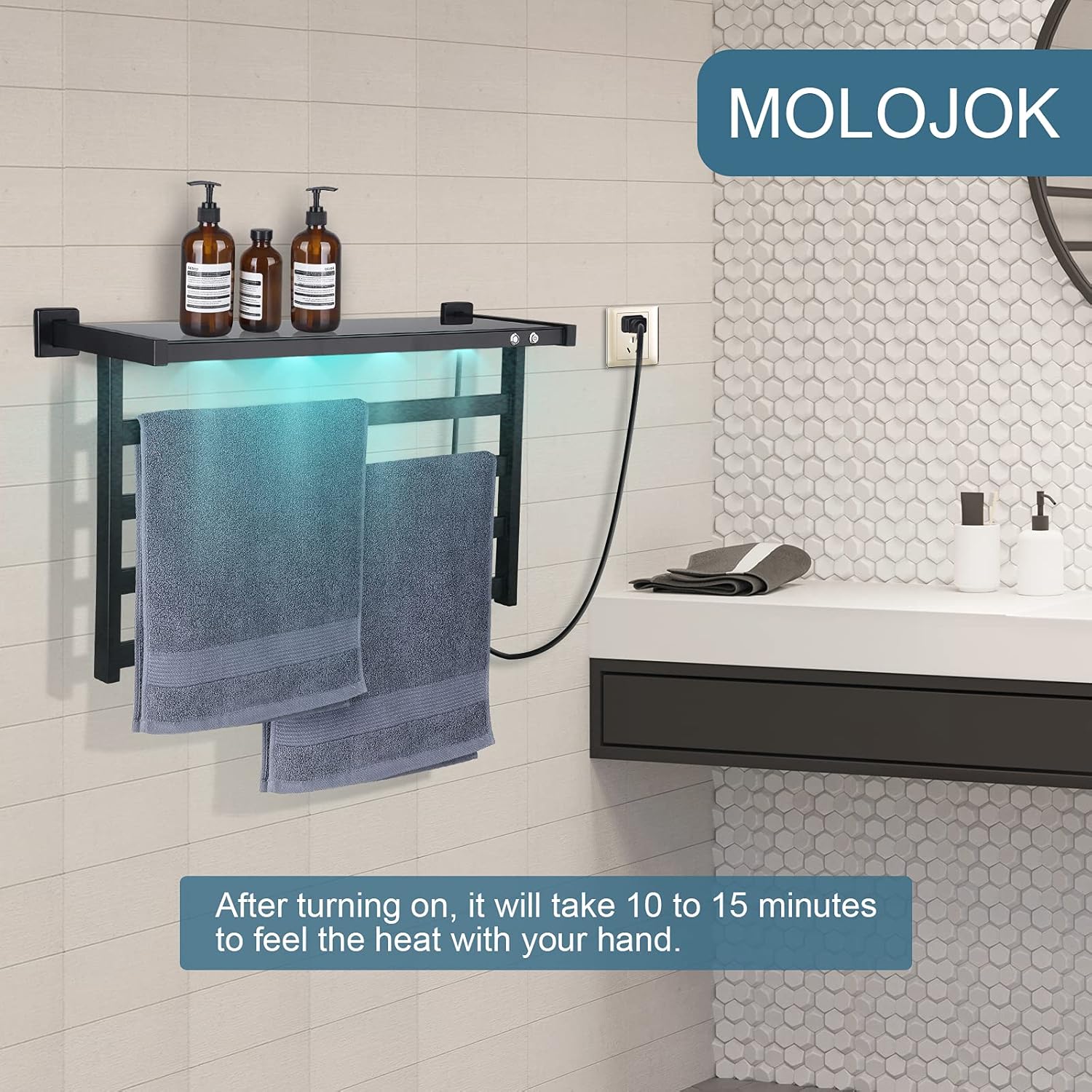MOLOJOK Towel Warmer Wall Mounted Hot for Bathroom Plug-in Electric Heated Towel Rack Stainless Steel Curved Square 4 Bars Drying Rack 23x14x7.5 inches