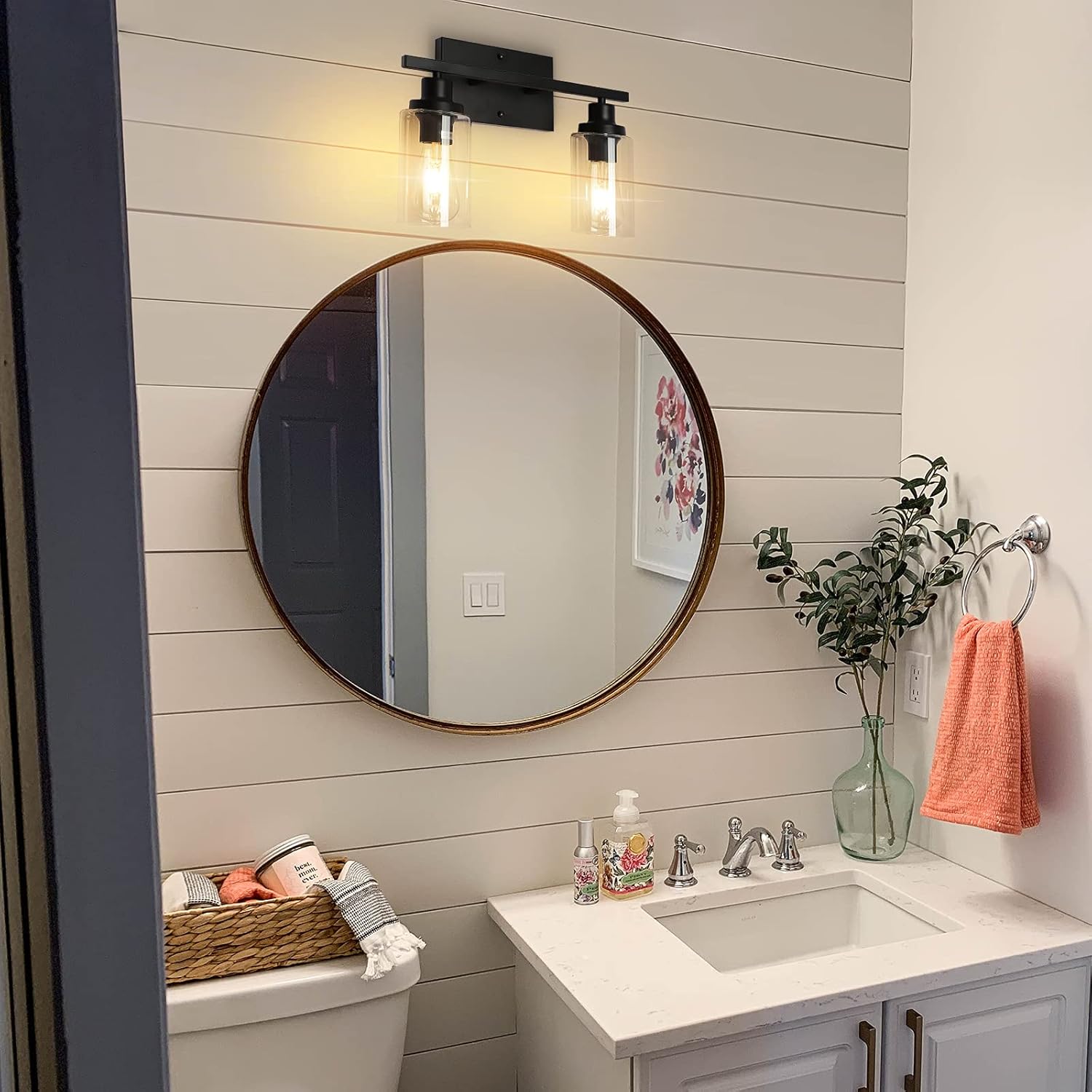 Bathroom Vanity Light Fixtures 2-Light Matte Black Vanity Lights for Bathroom Modern Wall Sconce Wall Mount Lamp with Clear Glass Shade for Mirror Bedroom Powder Room Hallway