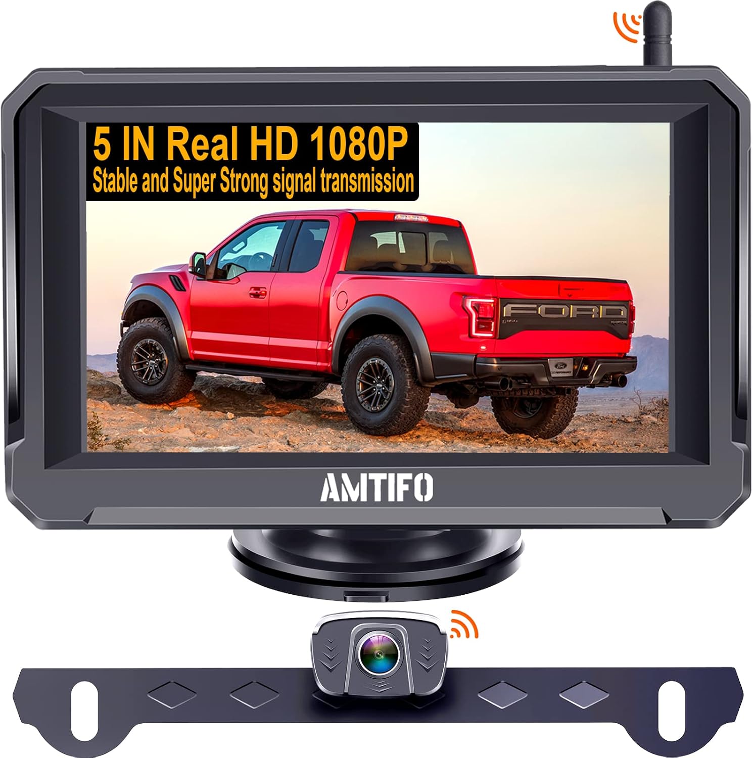 Wireless Backup Camera for Car HD 1080P Truck Bluetooth Backup Camera 5 Inch Split/Full Monitor Rear View System with Digital Signal,Support Add 2nd Licence Plate Backup Camera/RV Camera - AMTIFO A6