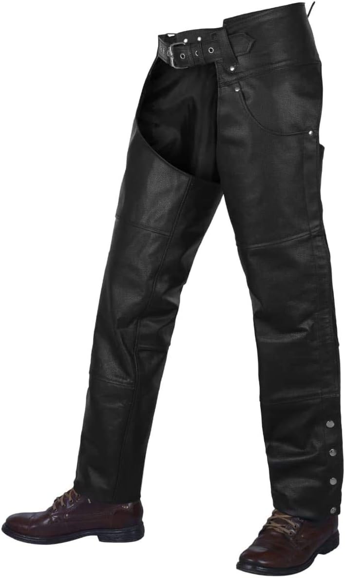 ALPHA CYCLE GEAR Motorcycle Chaps Plain Bikers Riding Pants ASSLESS Cowboy Vintage Chaps Black (Black, Waist 32