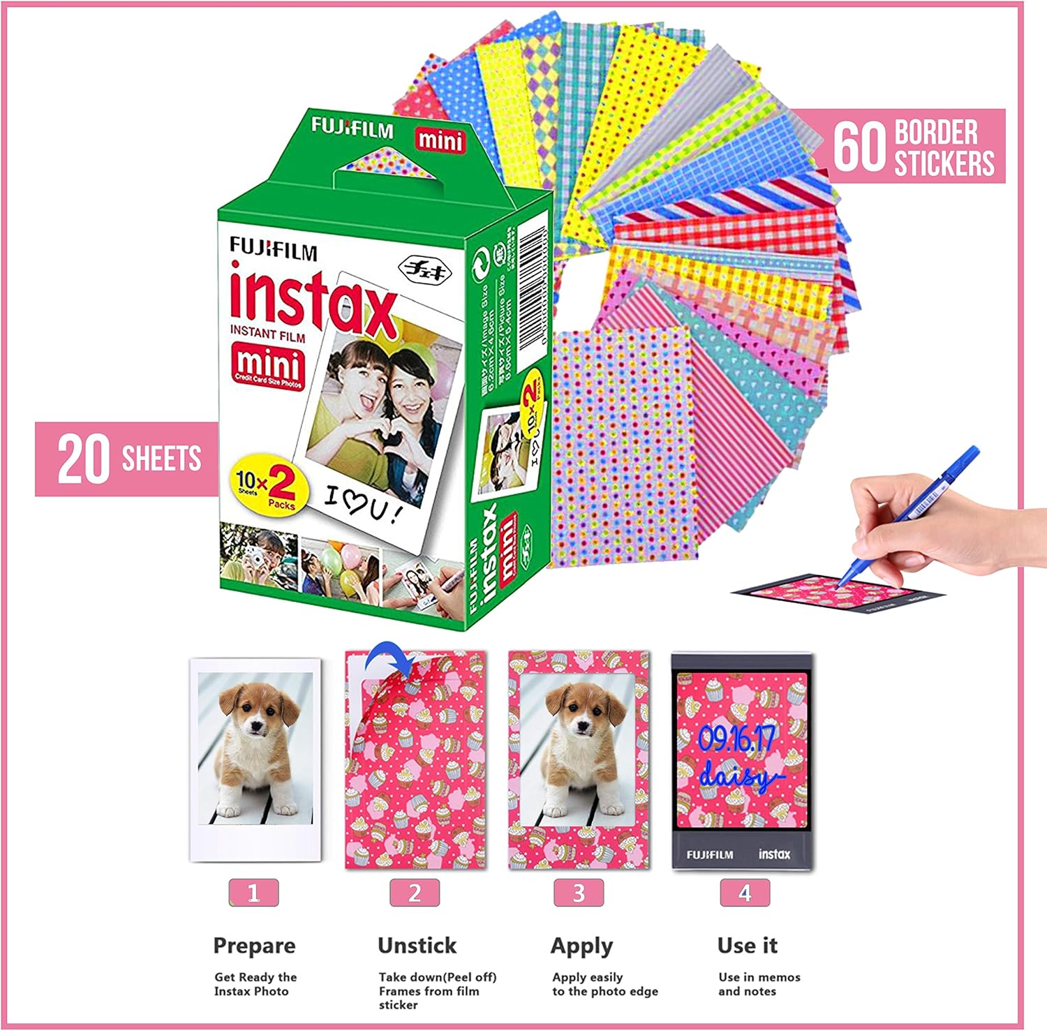 Fujifilm Instax Mini Instant Film (3 Pack, 60 Sheets) 5 Plastic Desk Frames + 60 Sticker Frames + 2 Packs Corner Stickers Pack of 2