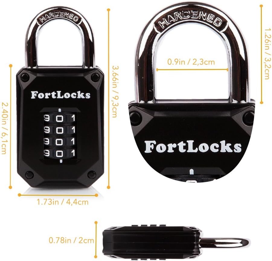 2 Pack FortLocks Gym Locker Lock - 4 Digit, Heavy Duty, Hardened Stainless Steel, Weatherproof and Outdoor Combination Padlock - Easy to Read Numbers - Resettable and Cut Proof Combo Code - Black