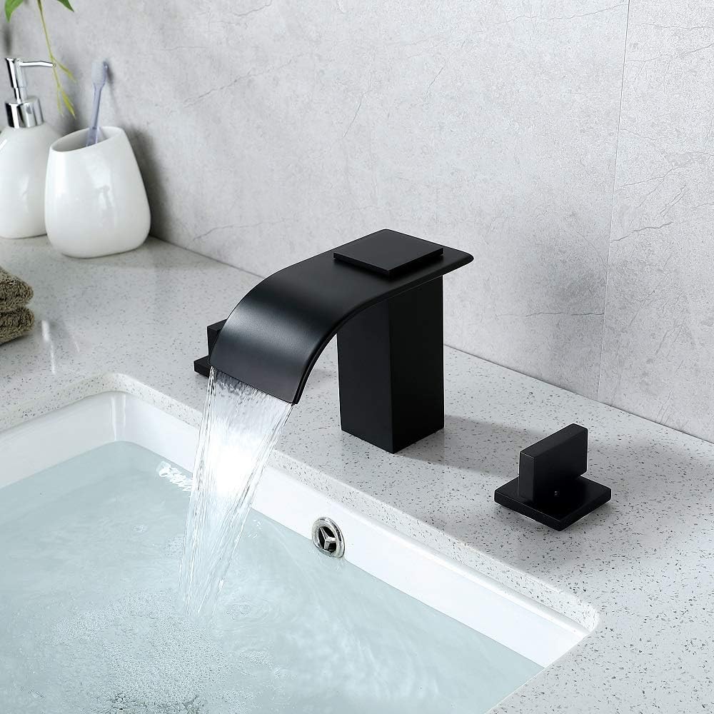 HiMyLEN Matte Black Bathroom Sink Faucet 3 Holes 2 Handle 44 Inch Widespread Waterfall Bathroom Vanity Faucet