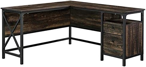 Pemberly Row Home Office L Shape Corner Desk in Rustic Carbon Oak and Black