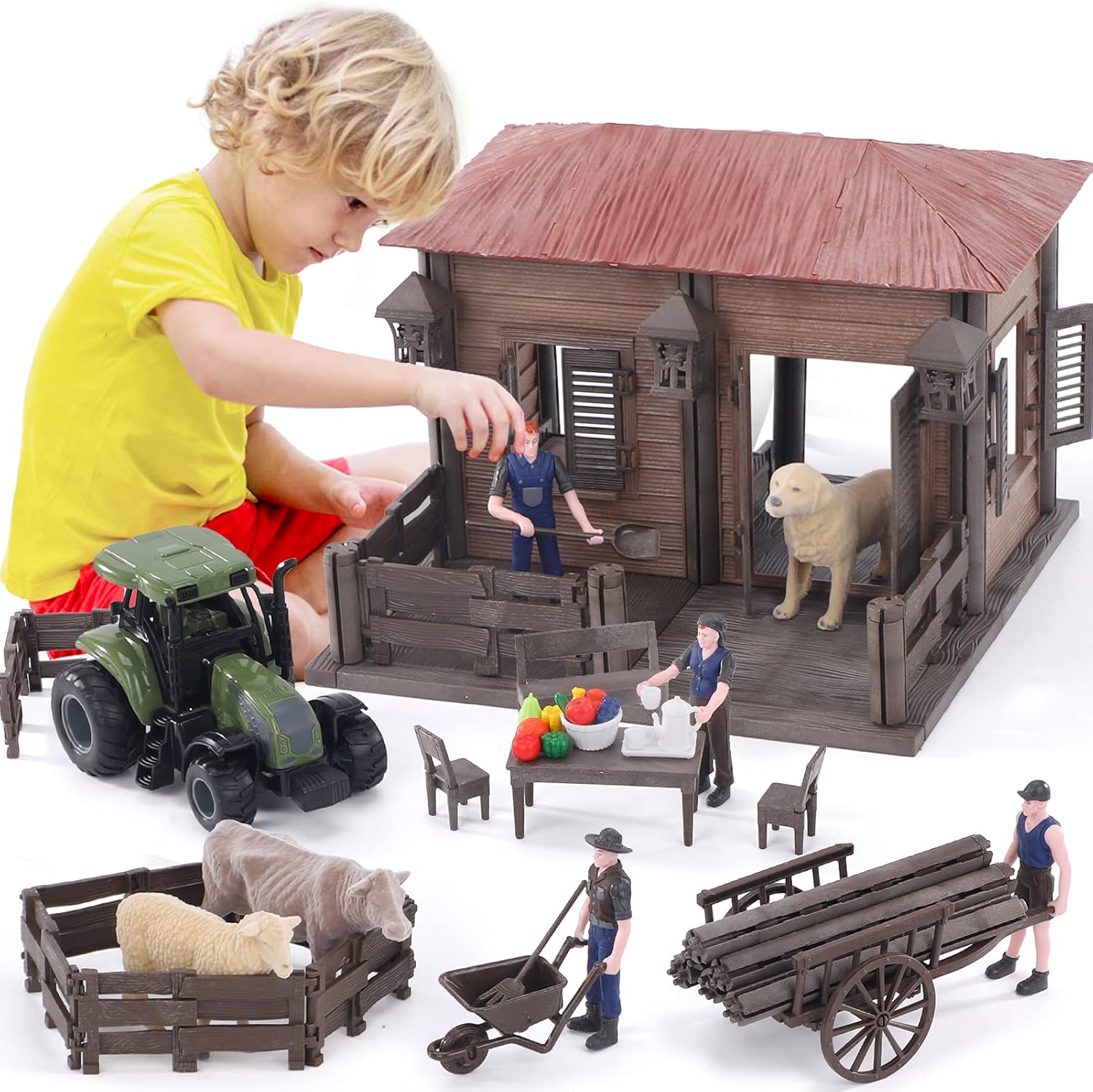 Lucky Doug Farm Animal House Toys Playset for Kids Toddlers Ages 3-8, 187 PCS Farm Building Toys Farmhouse Figures Pretend Play Set with 4 Animals, 4 Figures, A Tractor, 11