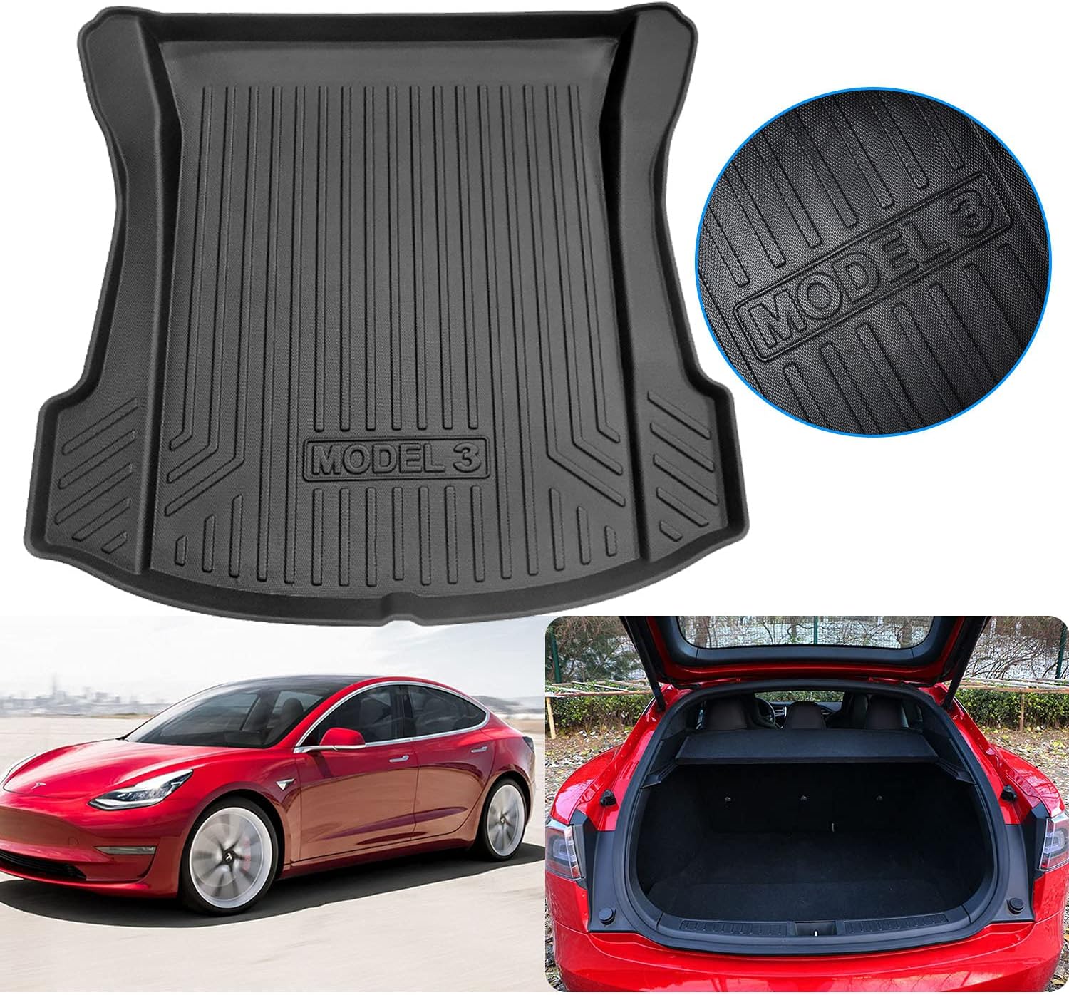 Fit Tesla Model 3 Trunk Mat Cargo Liner All Weather TPE Mat for Tesla Model 3 2017 2018 2019 (Car Trunk Mat) Pack of 2