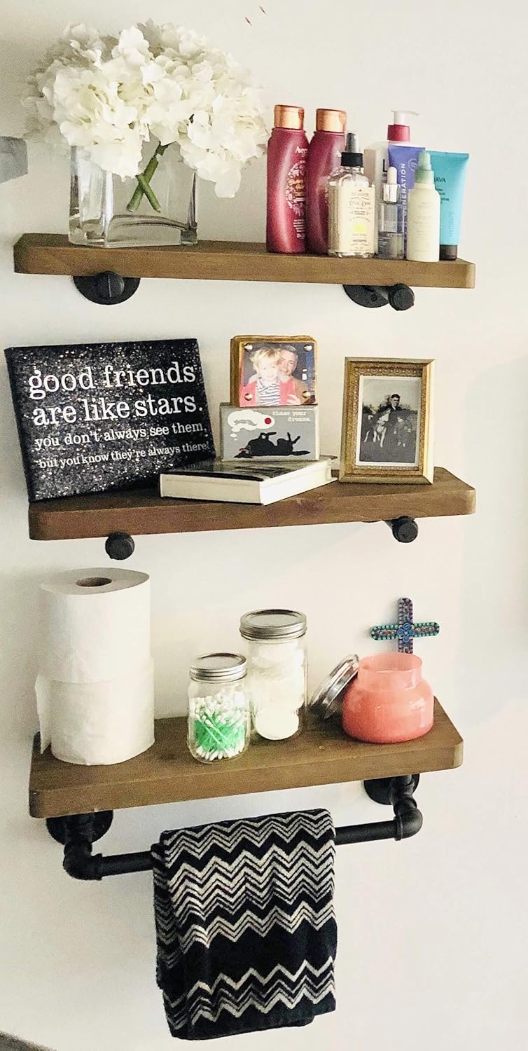 Olillo Industrial Pipe Shelves with Towel Rack: DIY Floating Wood Shelves on Industrial Pipes - Rustic Mounted Wall Shelf for Bathroom, Kitchen, Living Room, Bedroom - Farmhouse Decor Shelving Units