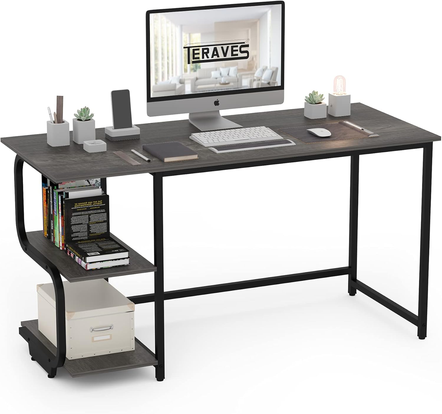 Teraves Reversible Computer Desk for Small Spaces with Shelves,55 inch Gaming Desk Office Desk for Home Office