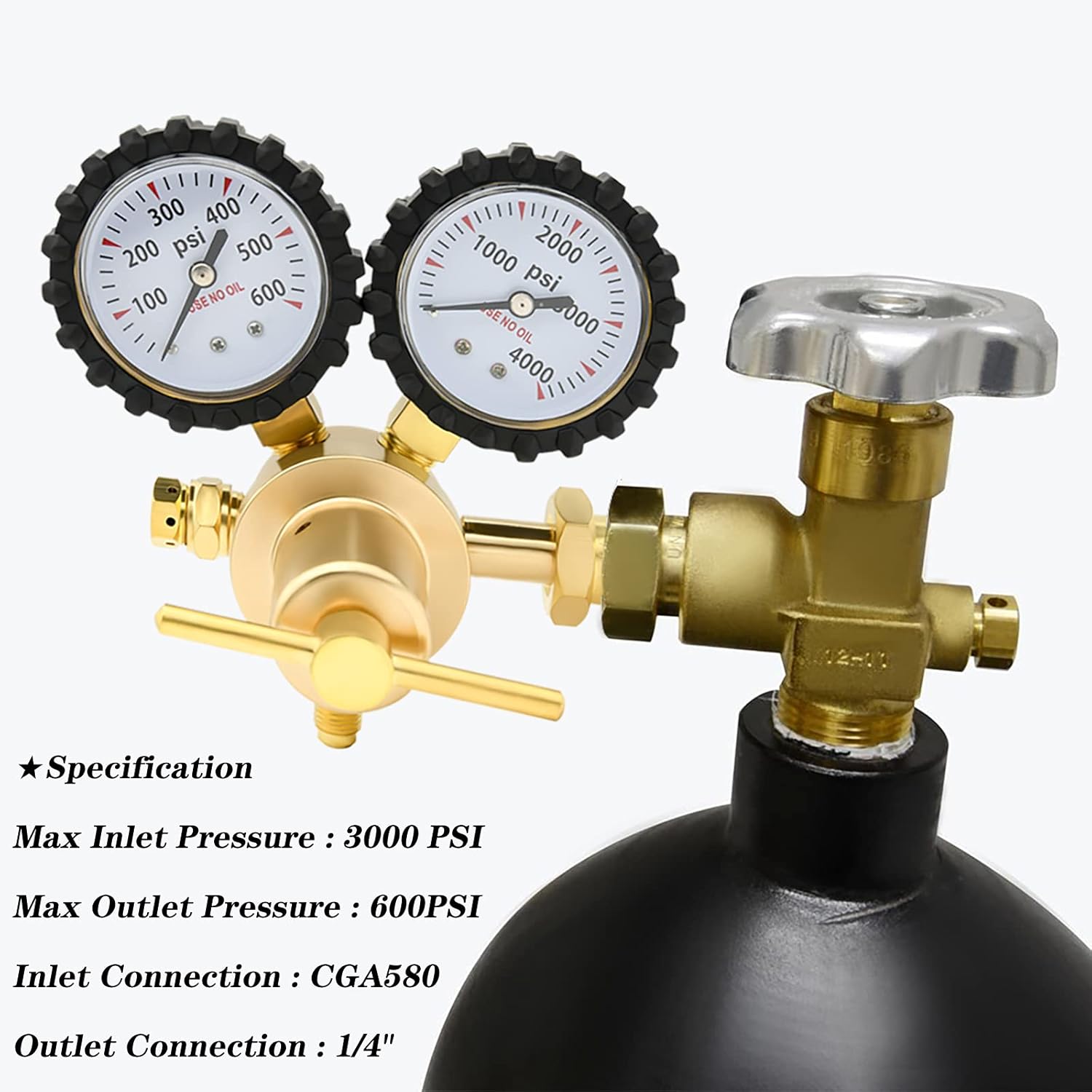 Nitrogen Regulator 0-600PSI CGA580 Inlet, 1/4-Inch Male Flare Outlet Connection, Heavy-Duty Handle, Self-reseating Relief Valve, Nitrogen Regulator Hvac, Helium Regulator, by NAKAO Pack of 2