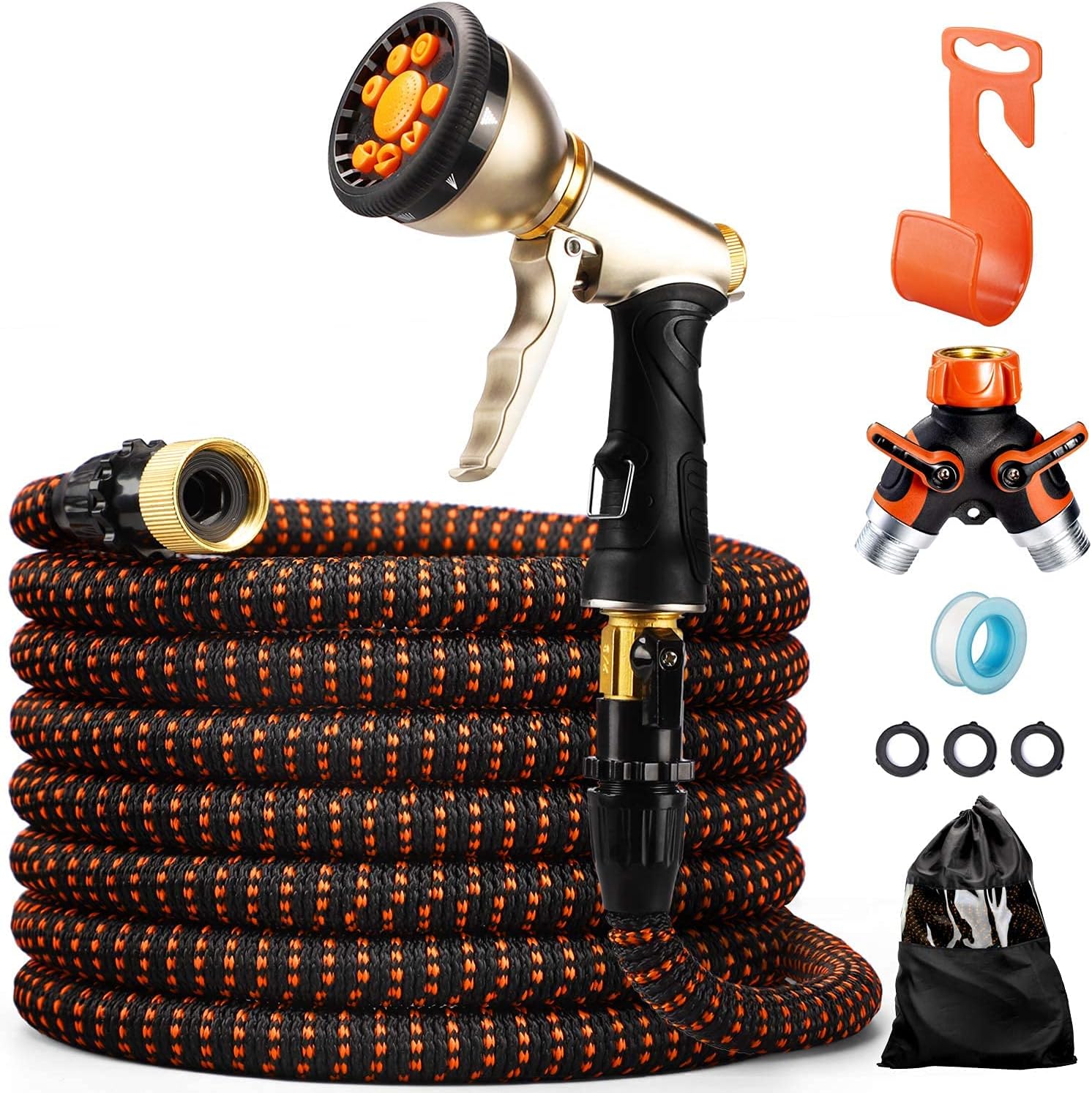 ACSTEP Garden Hose 100 FT Expandable Water Hose with 9 Function Metal Nozzle,Lightweight & No-Kink Flexible Garden Hose, High-Pressure Heavy Duty Leakproof Retractable Water Hose 100Feet Orange