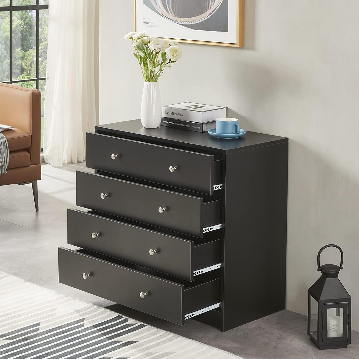 Generic Dresser with 5 Drawers, Modern Chest of Drawers Wood Cabinet with Storage Space, Organizer Unit with Solid Wood Frame for Living Room, Bedroom, Entryway, Closet, Black, (A05-2)