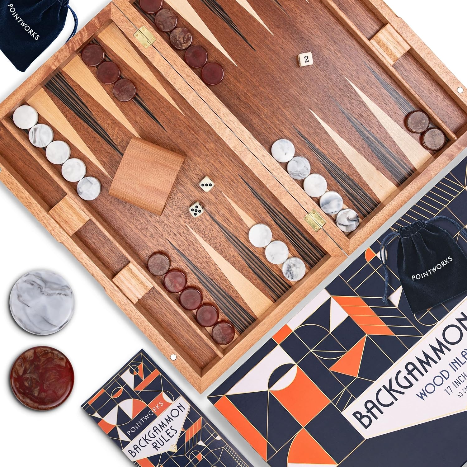 Pointworks 17 Inch Backgammon Set for adults. Beautiful wood inlaid folding backgammon game with unique stone-inspired checkers. Classic Traditional board games, travel game for two players board game