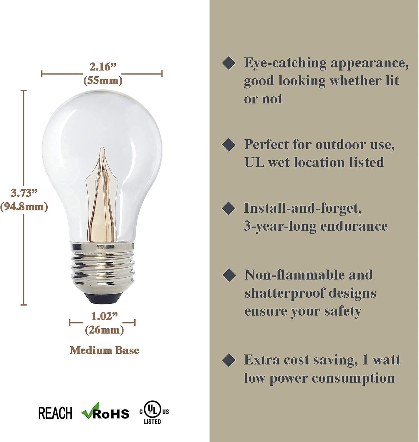 Hollywood Vanity Mirror / Marquee A17 LED Decorative Bulb, Warm White 2400K, Outdoor Waterproof Shatterproof, 1 W Low Wattage (10W Equivalent), E26 Medium Base, 25 Pack