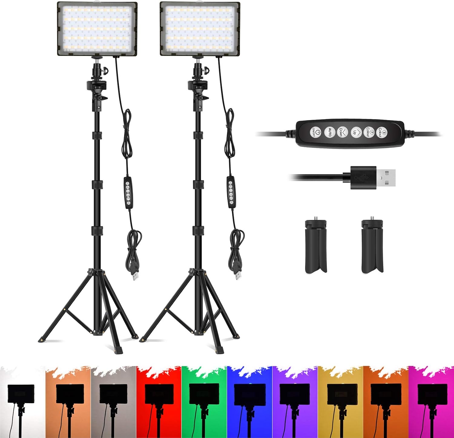 Emart RGB LED Photography Light with 51 inch Extendable Selfie Stick & Tripod Stand, Dimmable Video Light with Mini Table Tripod Stand, Portrait Shooting, YouTube DSLR Lighting Pack of 2