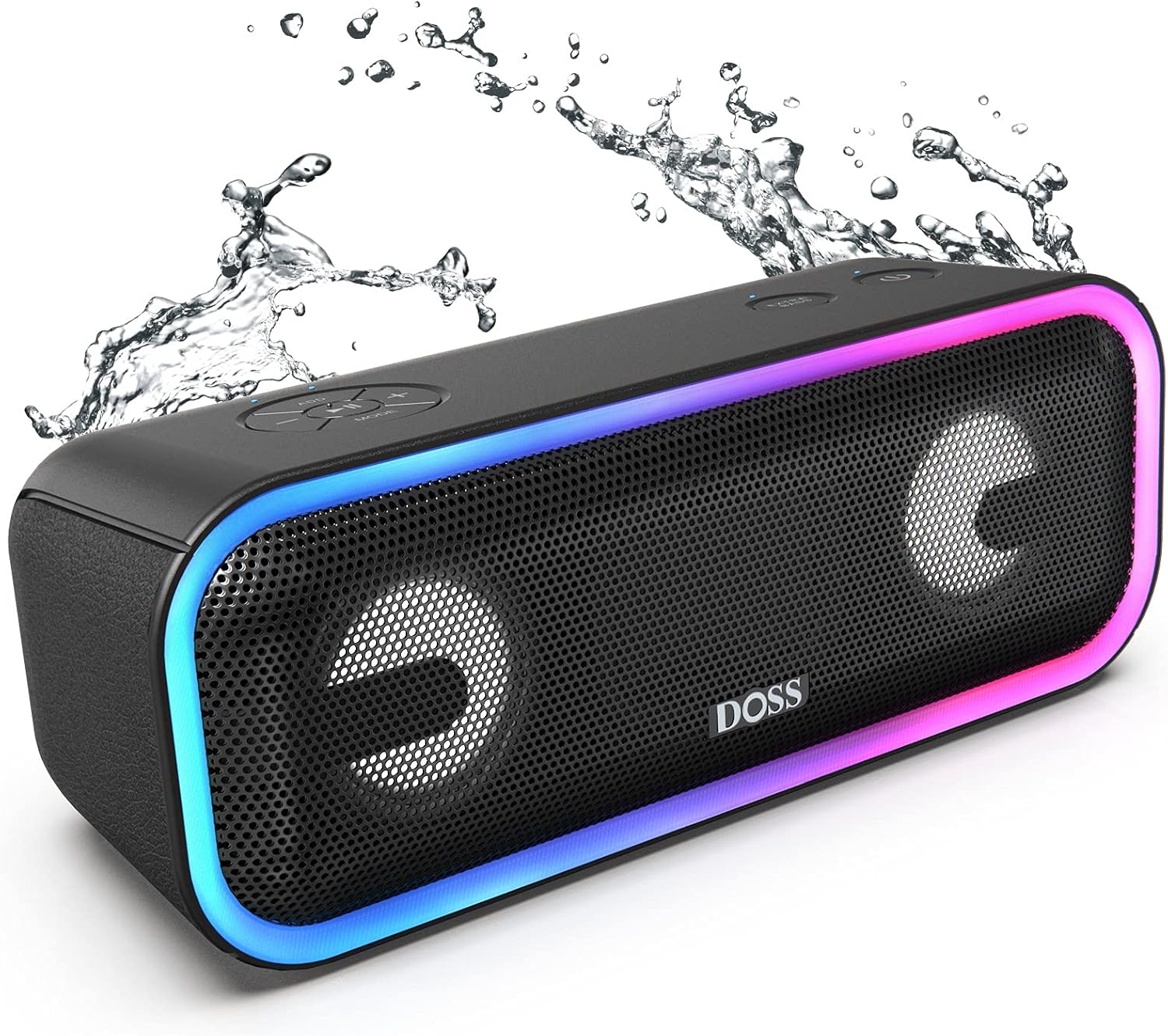 Bluetooth Speaker, DOSS SoundBox Pro+ Wireless Bluetooth Speaker with 24W Impressive Sound, Booming Bass, IPX5 Waterproof, 15Hrs Playtime, Wireless Stereo Pairing, Mixed Colors Lights, 66 FT - Black