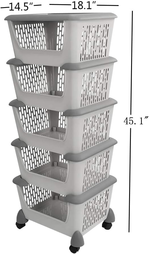 Cand 5-Pack Large Stackable Storage Bins, Stacking Baskets for Fruit, Vegeable, Toys (Grey) Pack of 2