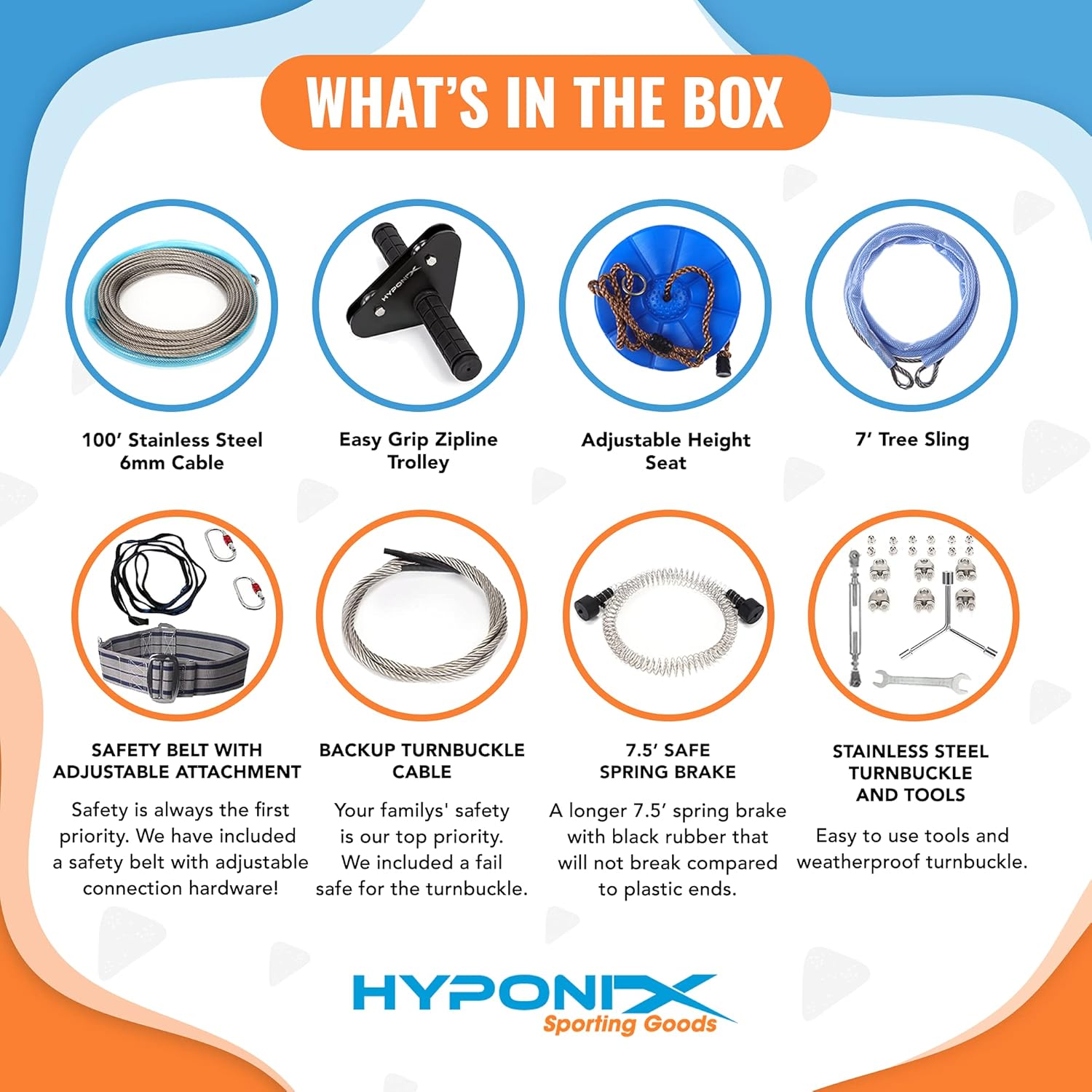 Hyponix 100'/150' Zipline Kits for Backyard for Adults / Kids - 100% Stainless Steel - Zip Line - Backyard Zipline Kit for Kids - Zipline Kit - Zip Line Kit - Zip Lines for Backyard Kids and Adults