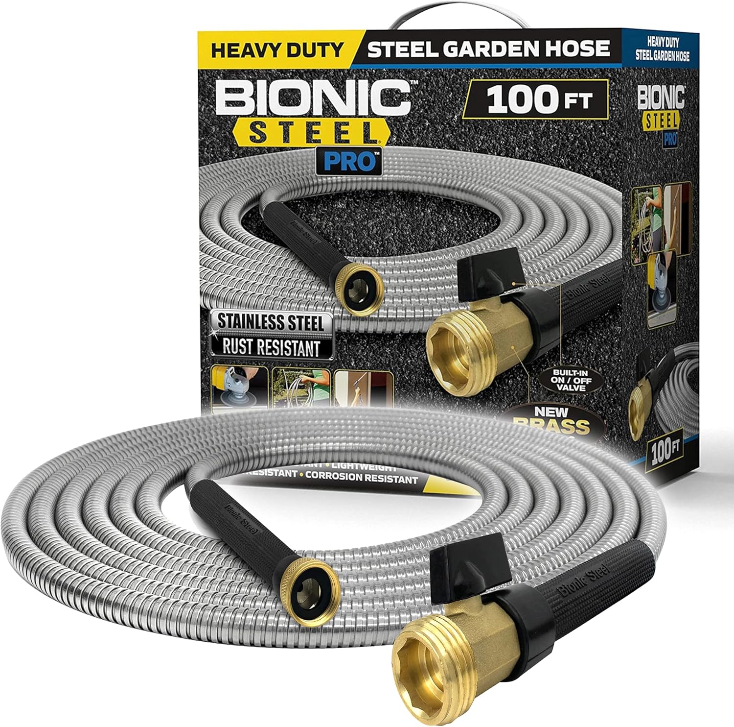 Bionic Steel PRO Garden Hose - 304 Stainless Steel Metal 100 Foot Garden Hose – Heavy Duty Lightweight, Kink-Free, and Stronger Than Ever with Brass Fittings and On/Off Valve – 2021 Model Pack of 2