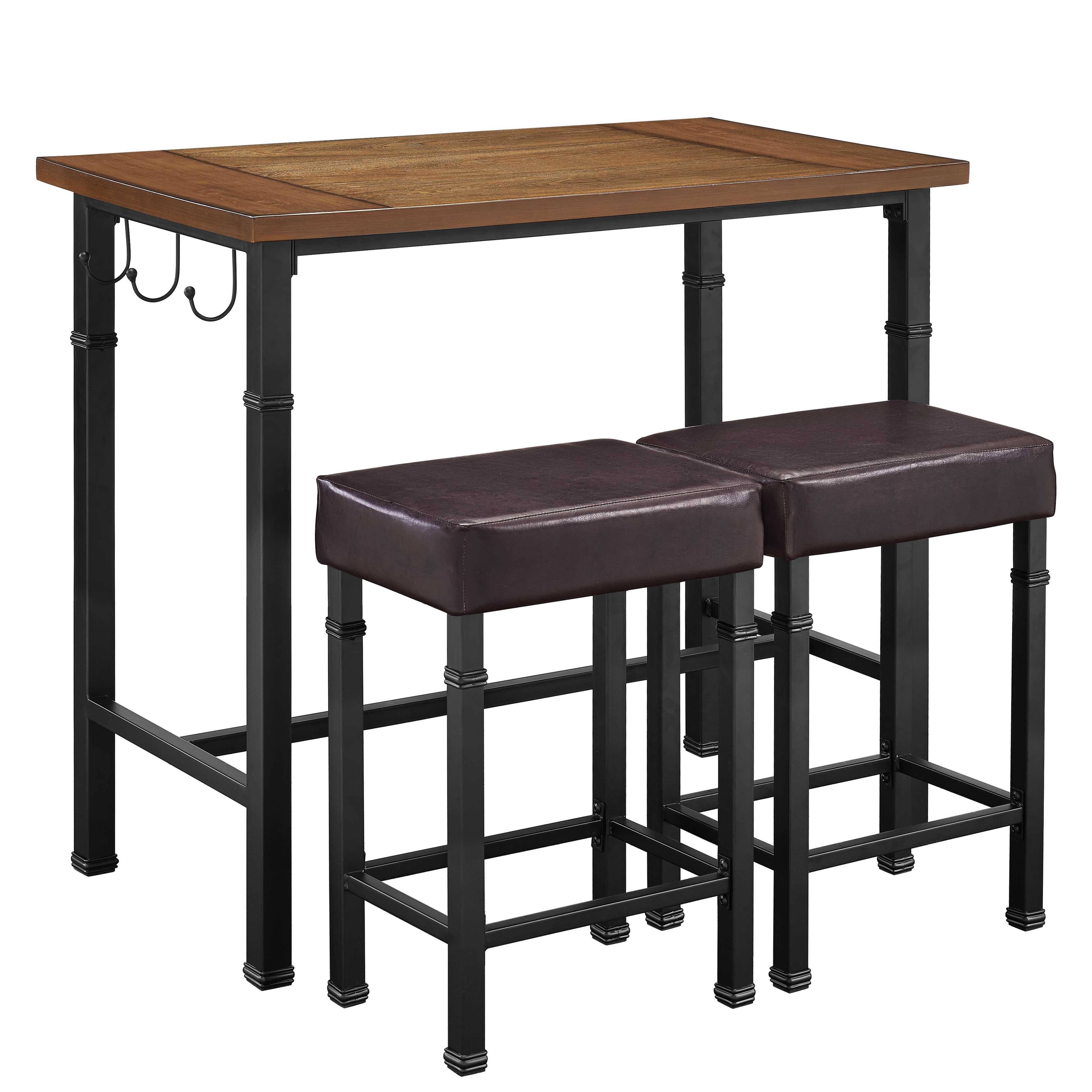 Benzara BM143923 3 Piece Metal and Wood Pub Set with Hook Hangers Black and Brown