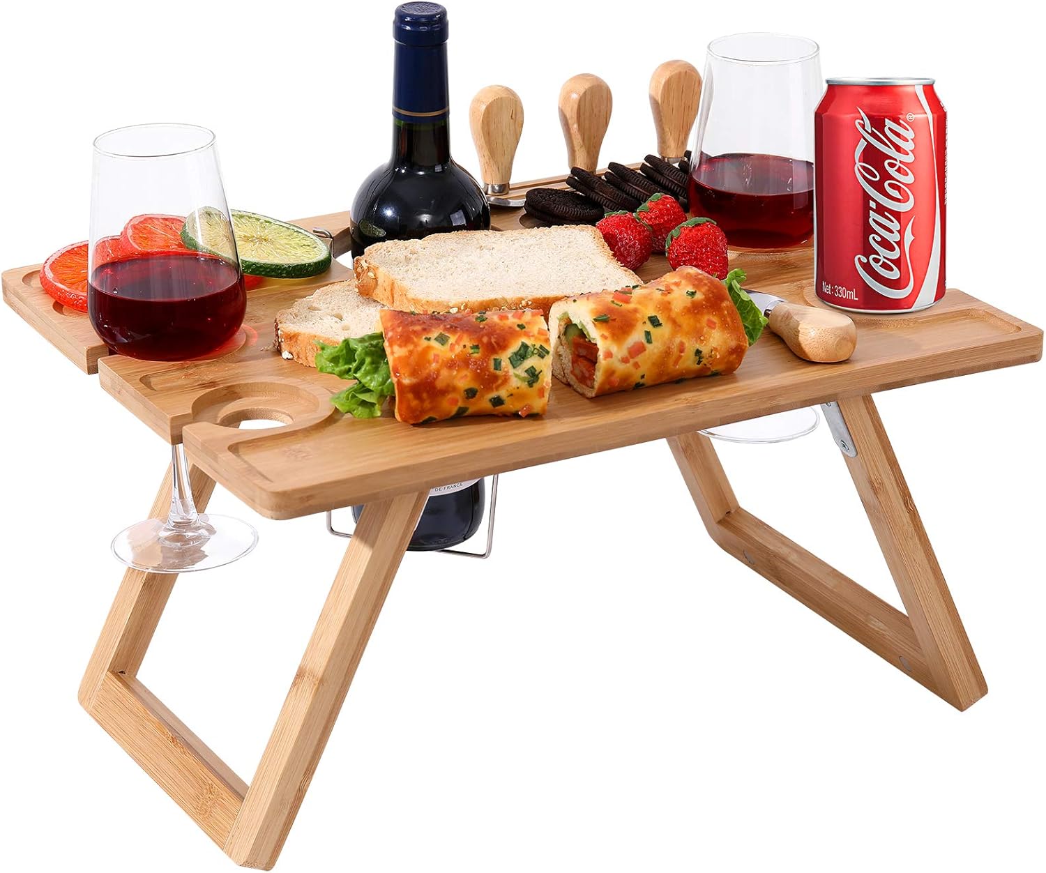 Ollieroo Portable Wine Picnic Table, Foldable Bamboo Snack Table with Wine Bottle and Glass Holder for 2 or 4 Pack of 2