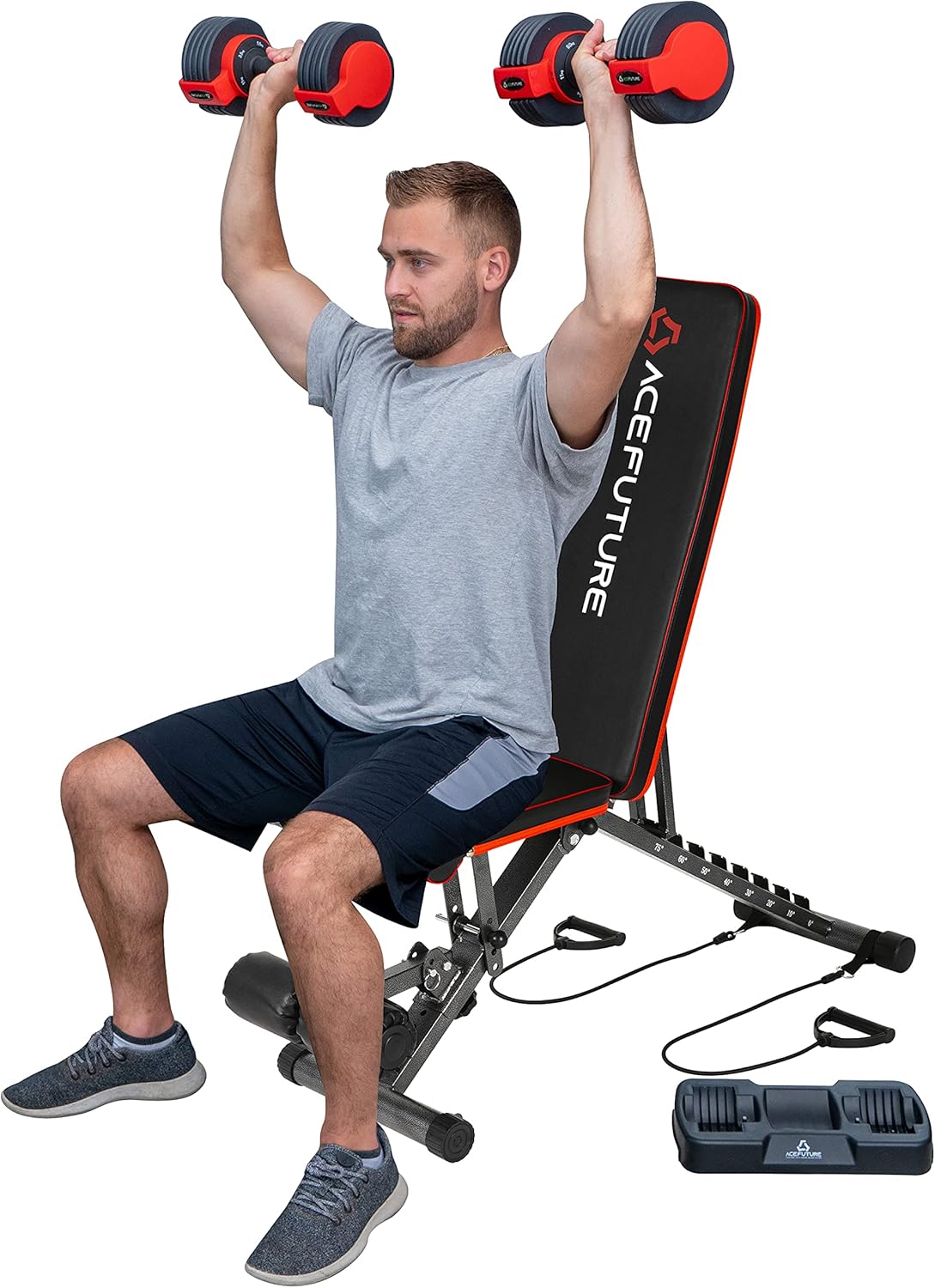 Acefuture Weight Bench Adjustable, Foldable Strength Training Bench for Full Body Workout with Resistance Bands, Incline Decline Exercise Equipment for Home Gym Weight Lifting, 600 Lbs Capacity