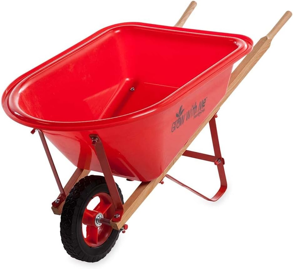 Kid's Garden Wheelbarrow - Yard Tools for Children - Red with Wood Handles, Steel Braces, Solid Tire - 33 D x 17 W x 15.75 H