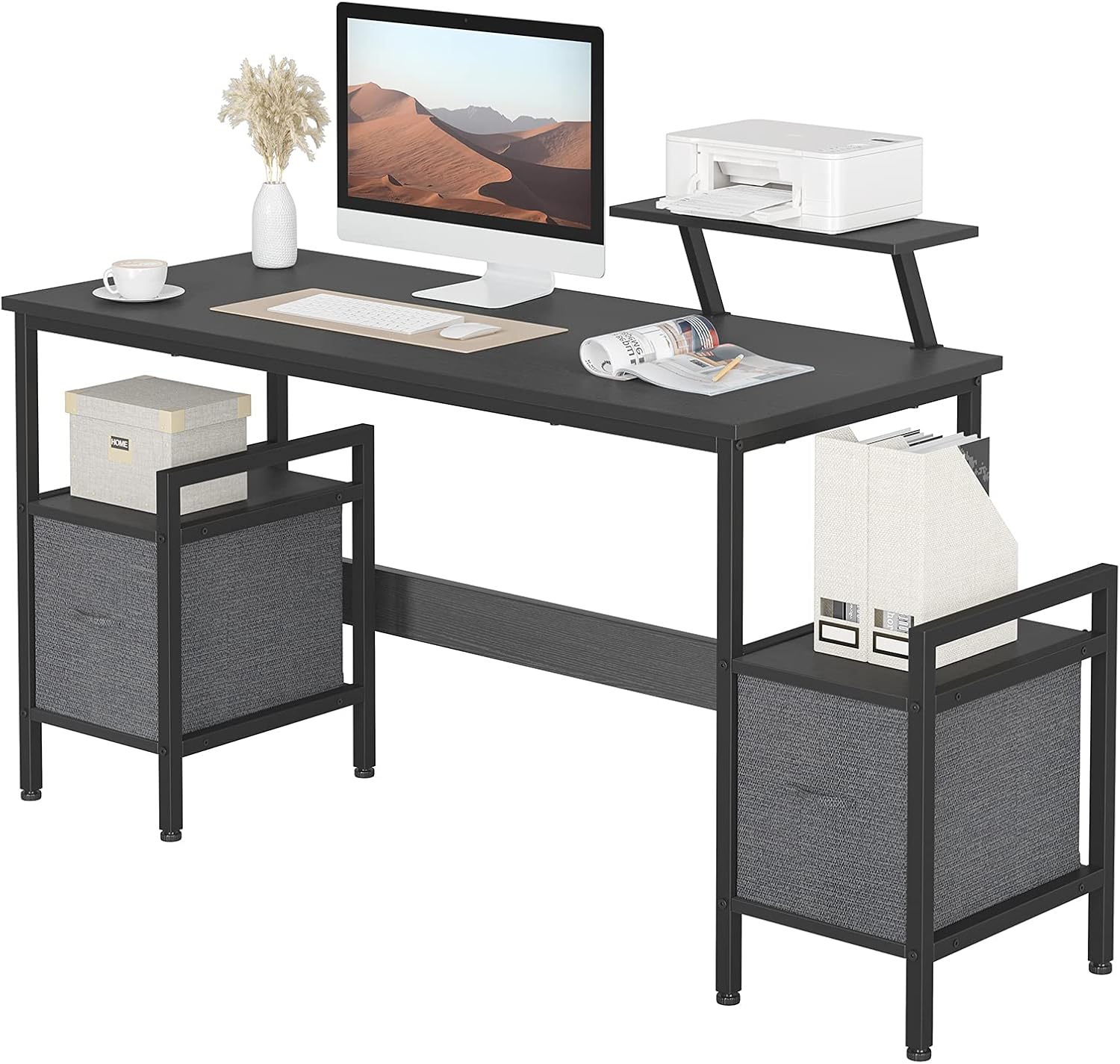 BANTI Computer Desk 55 Inch Home Office Multipurpose Writing Desk with Extra Storage Rack and Moveable Shelf,Black