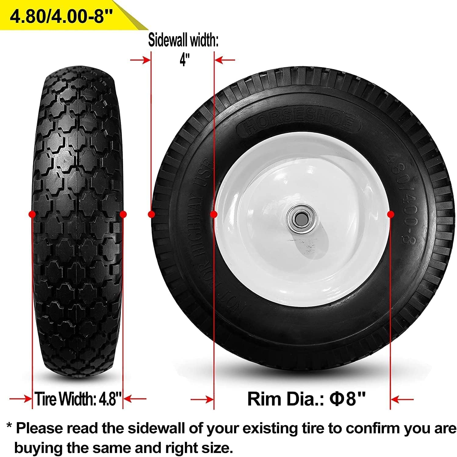 New HORSESHOE Cross 4.80/4.00-8 Solid Flat-Free Contractor Grade Wheelbarrow Cart 16