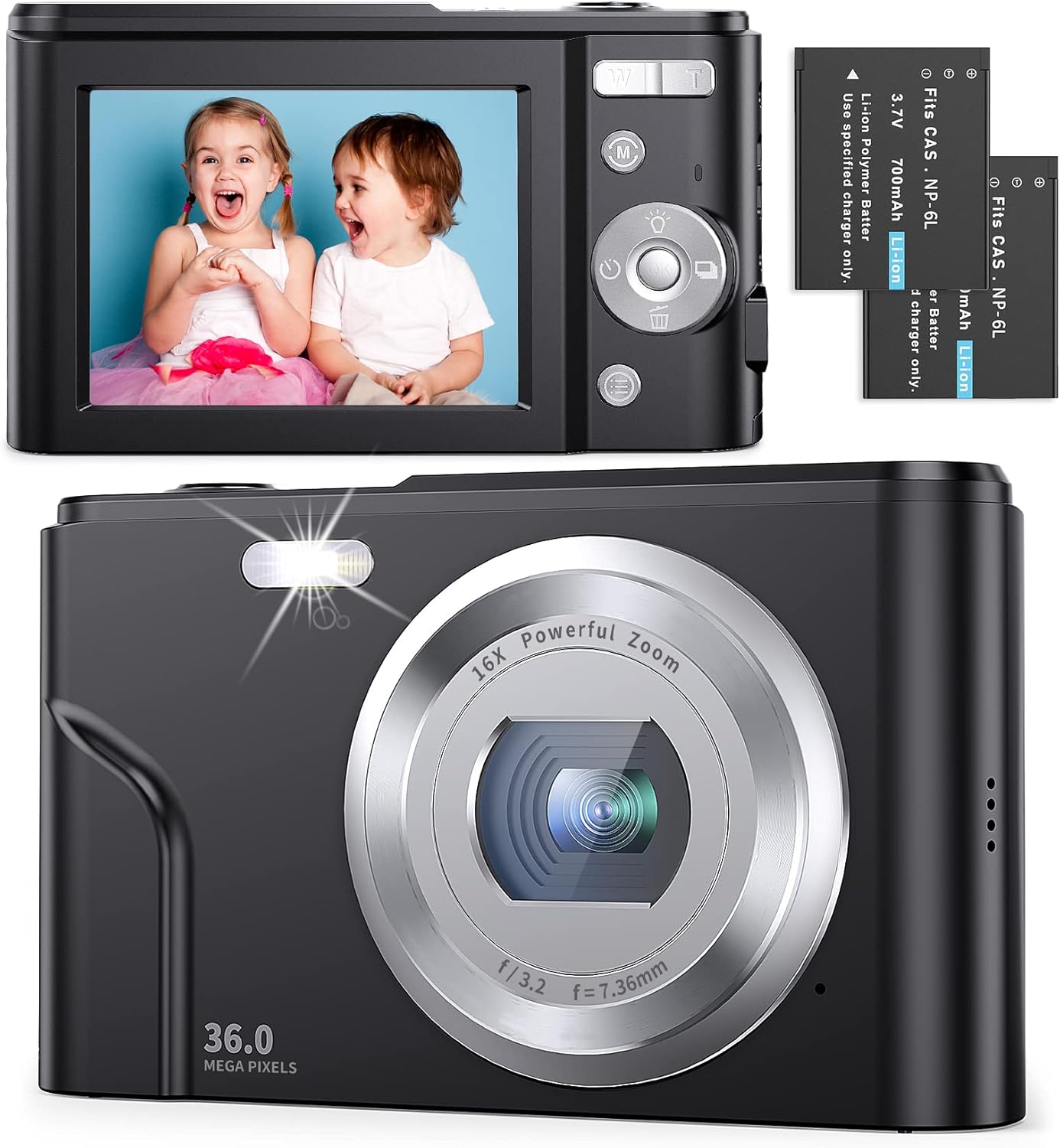 Digital Camera Ultra HD 2.7K 44MP 2.88 Inch Vlogging Camera Rechargeable Kids Camera with 16X Digital Zoom, LED Fill Light, 2 Batteries, Compact Portable Pocket Camera for Kids Teens Students (Black) Pack of 2