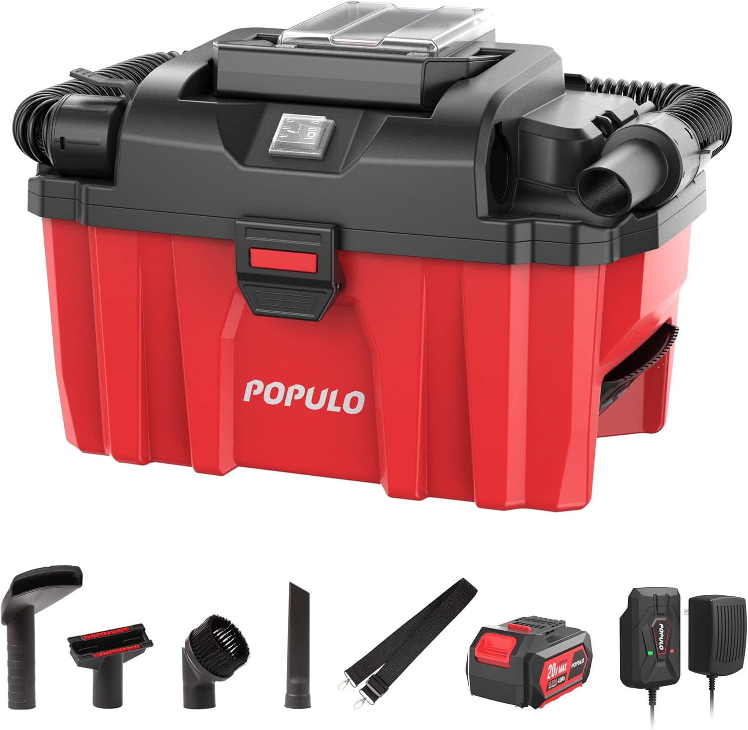 POPULO Wet Dry Vacuum Cleaner, 4.0Ah Detachable Li-ion Battery ，Cordless Blower + Vac Powerful Suction Clean for Garage, Auto Detailing, Vehicle Dust Detachable Battery Hose Belt HEPA Filtration