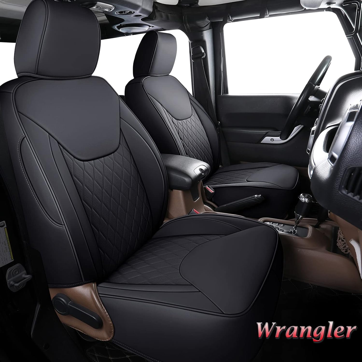 Coverado Wrangler Seat Covers, Waterproof Custom Leather Front Seat Protectors 2 Pieces, Compatible with 2007-2017 Jeep Wrangler JK Unlimited 4DR/2DR, Fit for Sahara Sport X Rubicon(Front Pair, Black)