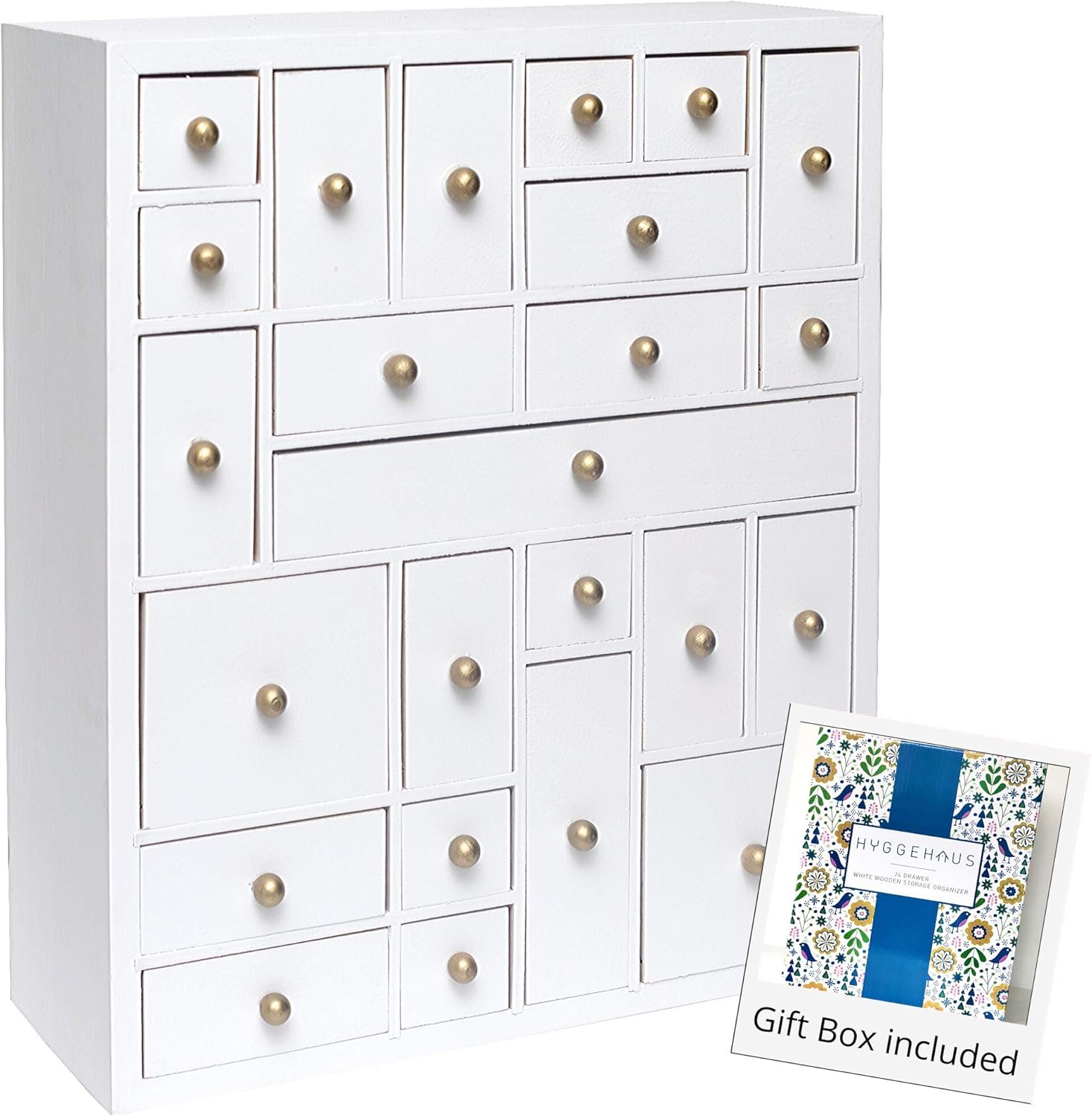 HYGGEHAUS White Desktop Organizer with Drawers in Wood - Modern Farmhouse mini storage organizer for bedroom, office, crafts, kitchen. Handmade wooden cabinet. 13in x 15in x 5in Pack of 2