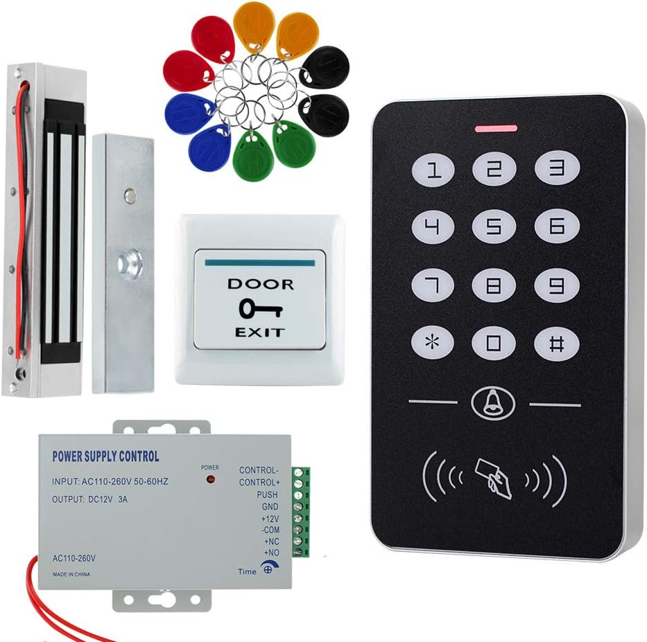 LEXI 125KHz RFID Access Control System Kit Frame Glass Door Set+Electric 180KG Magnetic Lock+10 Keytab+Power Supply+Exit Button-A1 (A1+E6+K80+10ID+180KG+ZL) Pack of 2