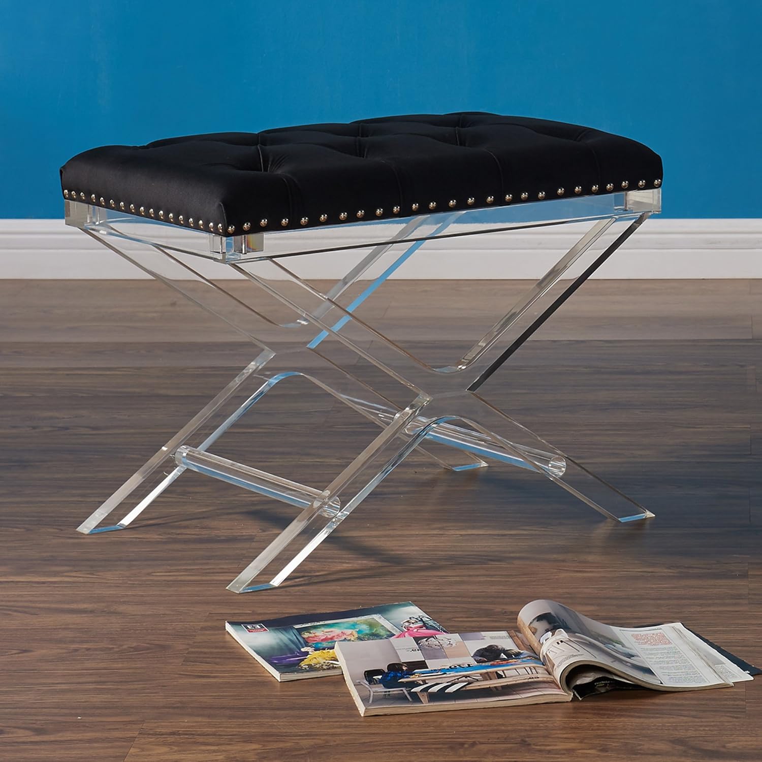 Armen Living Cody Ottoman in Grey Velvet and Acrylic Finish