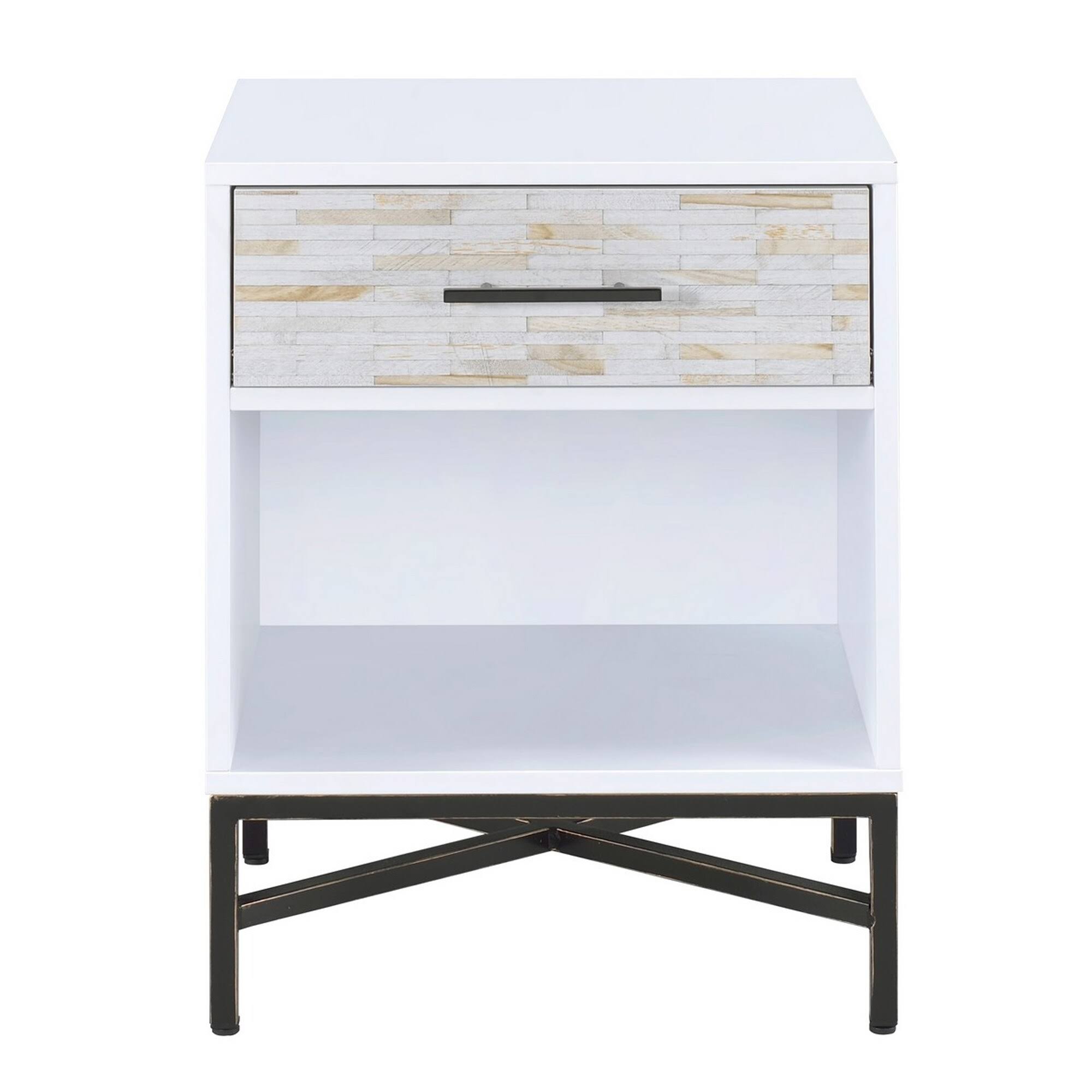 Wood Metal Nightstand with One Drawer and One Open Shelf, White Black