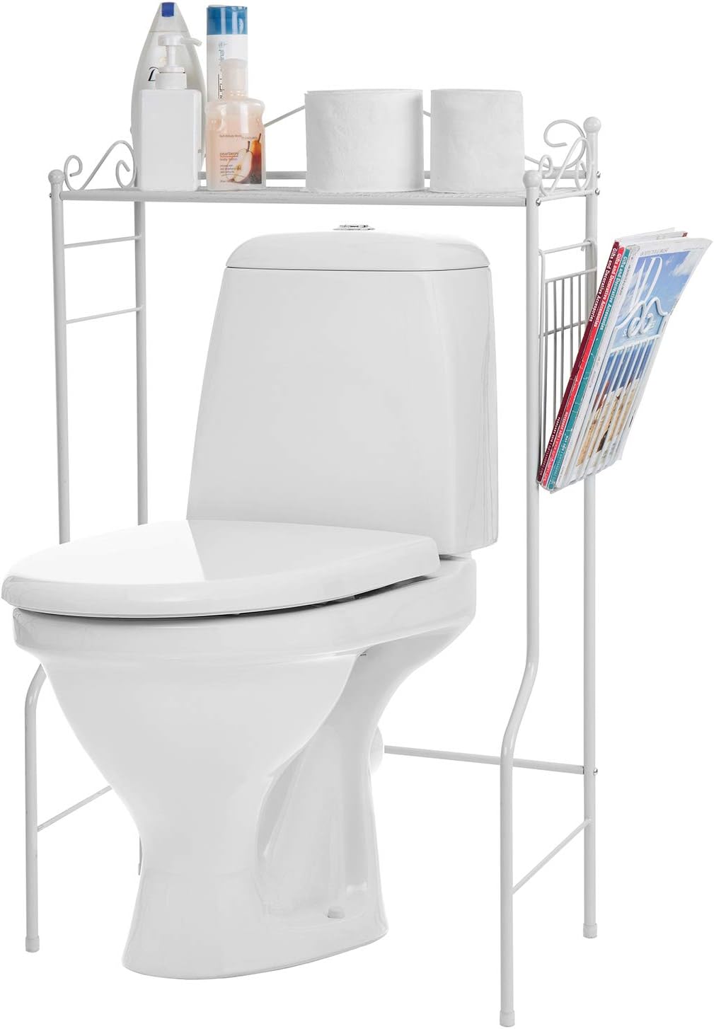 MyGift Space Saver Design Metal Storage Organizer Rack/Freestanding Bathroom Shelf w/Magazine Basket, White Pack of 2