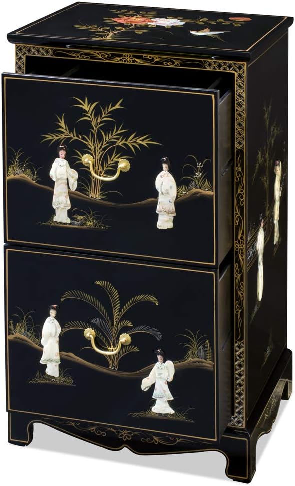 China Furniture Online Black Lacquer Oriental File Cabinet, 2 Drawers Chinoiserie w/Pearl Maidens