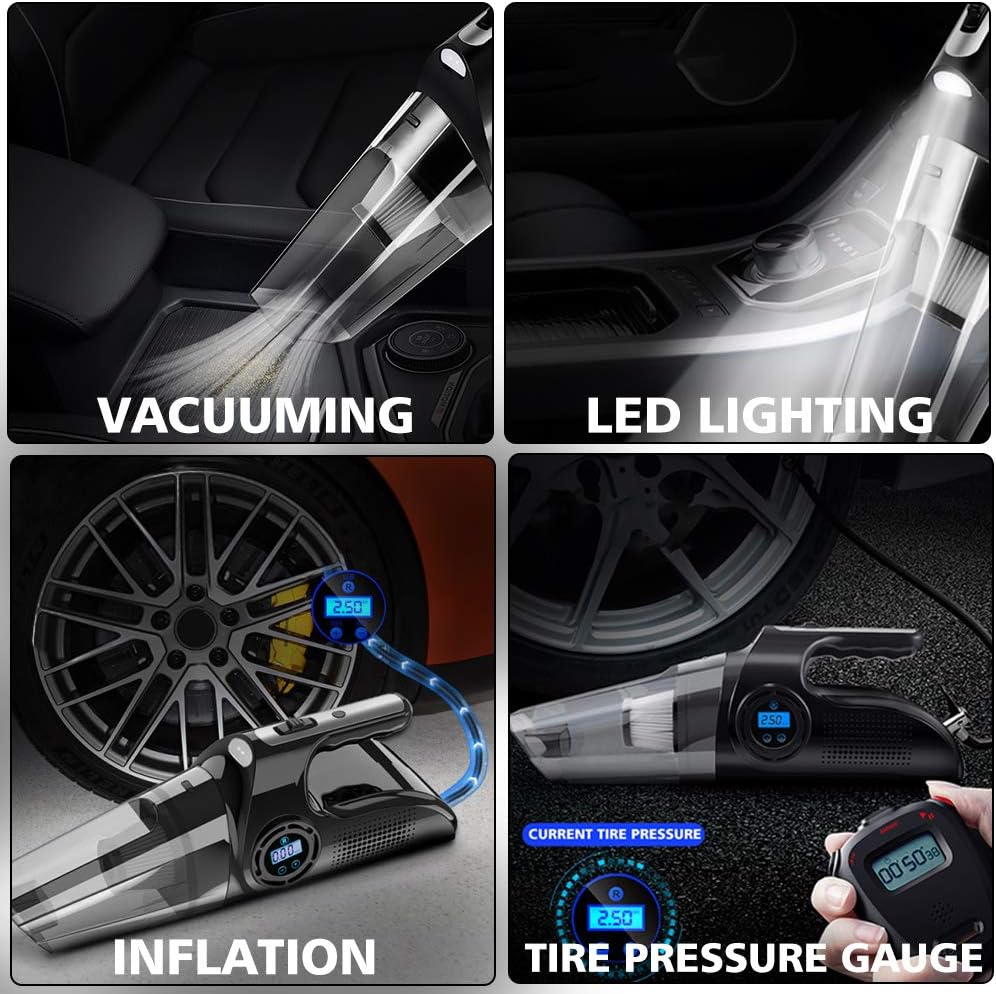 JENABOM Car Vacuum Cleaner, with Tire Inflator & Tire Pressure Gauge & LED Light, 4-in-1 6000PA Powerful Suction Portable Handheld Cordless Car Vacuum,Wet and Dry Cleaning for car and Home