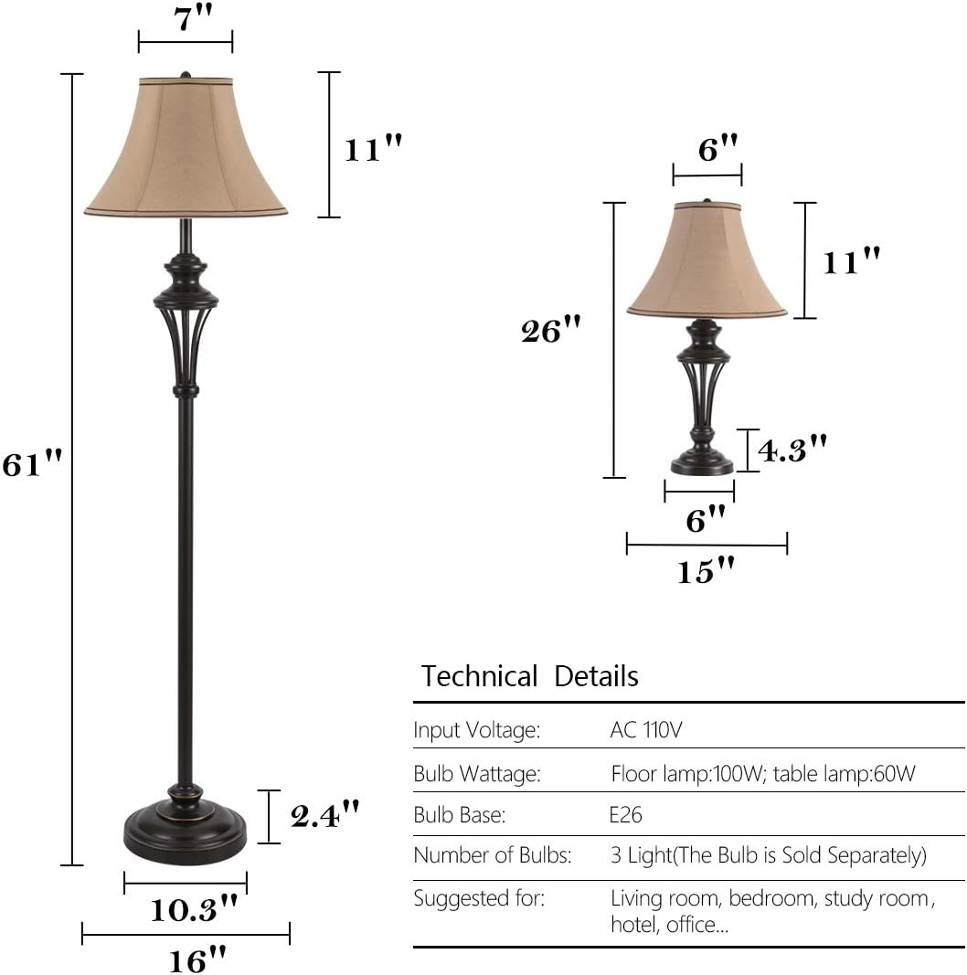 Smeike 3 Pack Lamp Set (2 Table Lamps, 1 Floor Lamp), 3-Piece Vintage Style Table and Floor Lamp Set in Bronze Finish with Brown Fabric Lamp Shades, 26