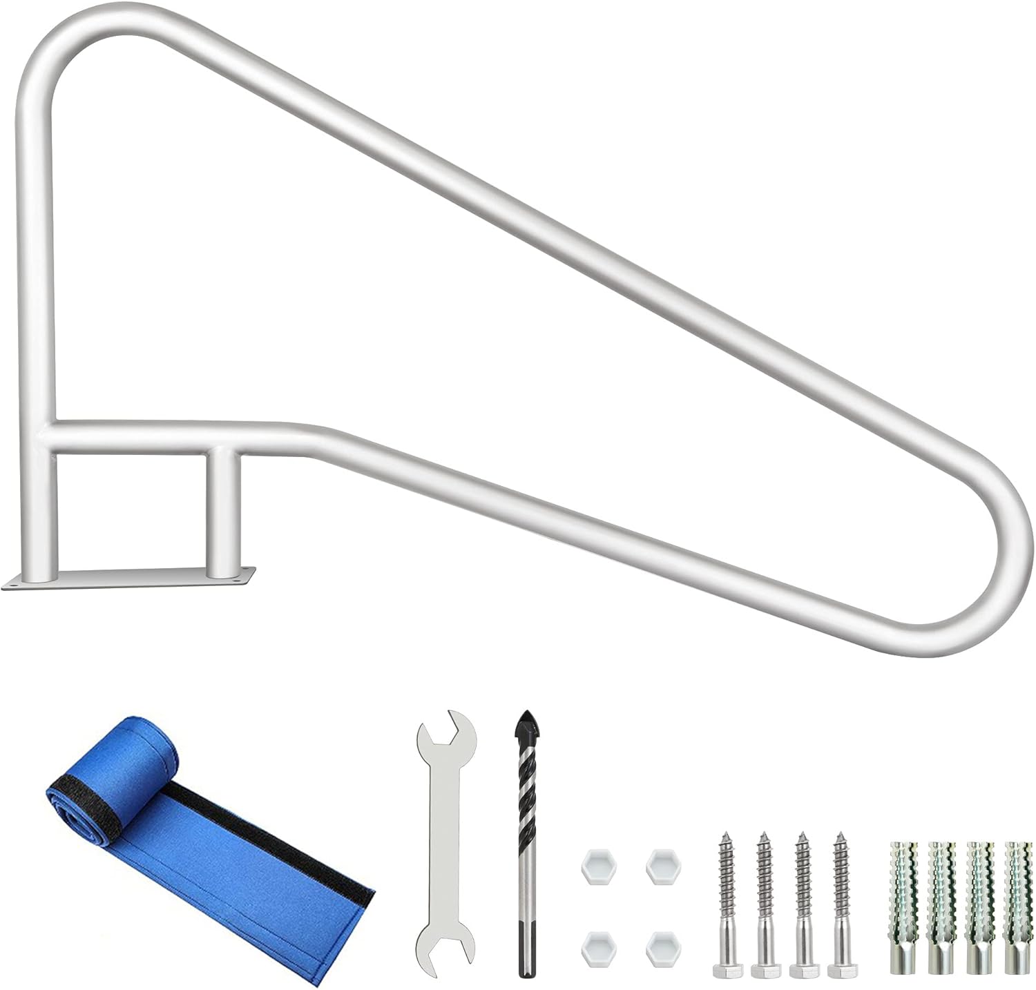 HONYTA Pool Handrail 55x32 304 Stainless Steel 250LBS Load Capacity Silver Rustproof Humanized Swimming Pool Handrail with Blue Grip Cover & M8 Drill Bit & Self-Taping Screws
