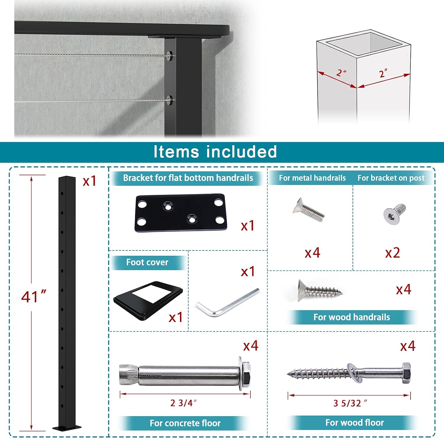 Muzata Cable Railing End Post Black Square Weldless Flat Top 42''x2''x2'' Stainless Steel One-Side Drilled for Wood Concrete Surface Mount Level Deck Balustrade Invisible PS02 BS4L PT1 PT3 PT6
