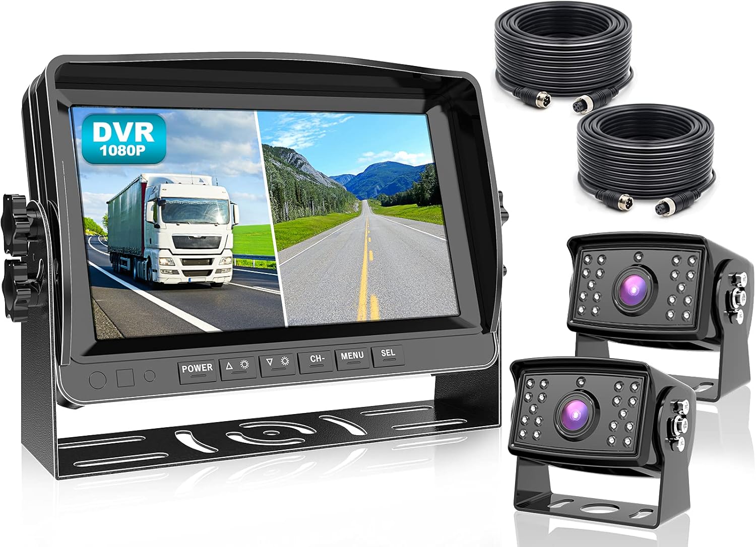 Fookoo Ⅱ HD 1080P Backup Camera System Kit,7'' DVR Dual Split Screen Monitor, IP69 Waterproof Rear View Camera for Truck/Semi-Trailer/Box Truck/RV, Sharp CCD Chip,100% Not Wash Up (FHD2-Wired)