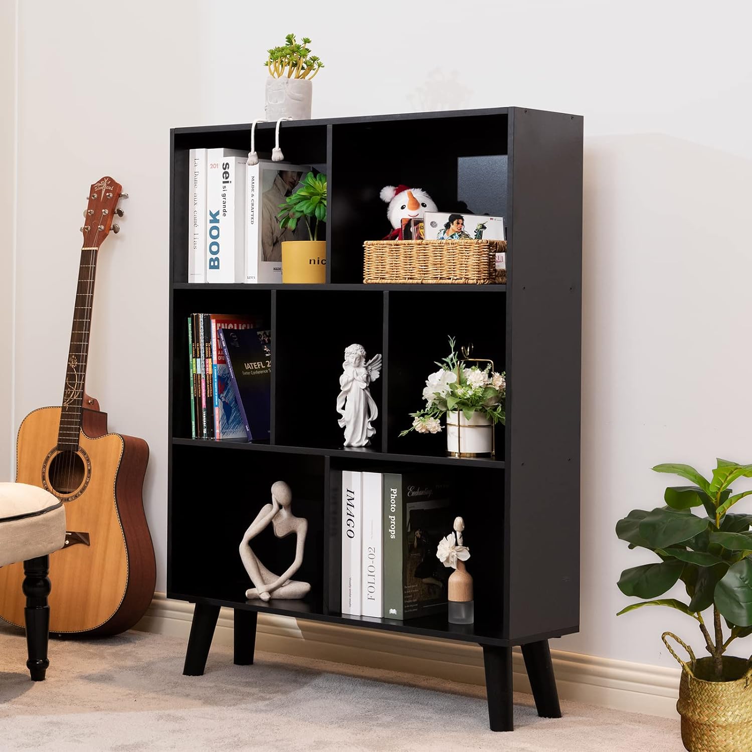 Black Bookshelf,3 Tier Modern Bookcase with Legs,Bookshelves Wood Storage Shelf,Rustic Open Book Shelves Cube Organizer,Free Standing Display Short Bookcases for Small Space,Bedroom,Living Room,Office