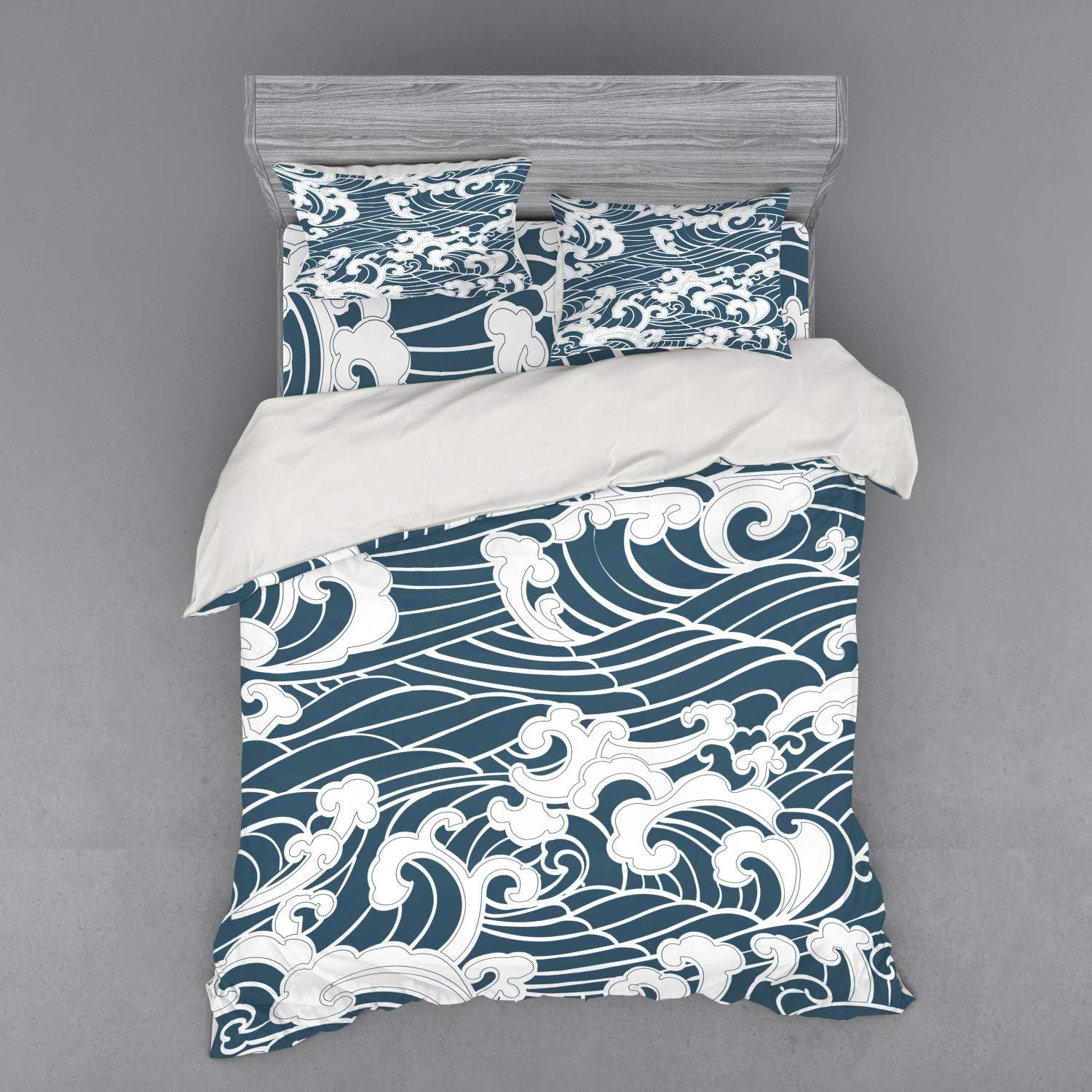 Ambesonne Japanese Wave Duvet Cover Set, Hand Drawn Traditional Style Aquatic Doodle River Storm Retro Abstract, 4 Piece Bedding Set with Shams and Fitted Sheet, California King, Slate Blue White