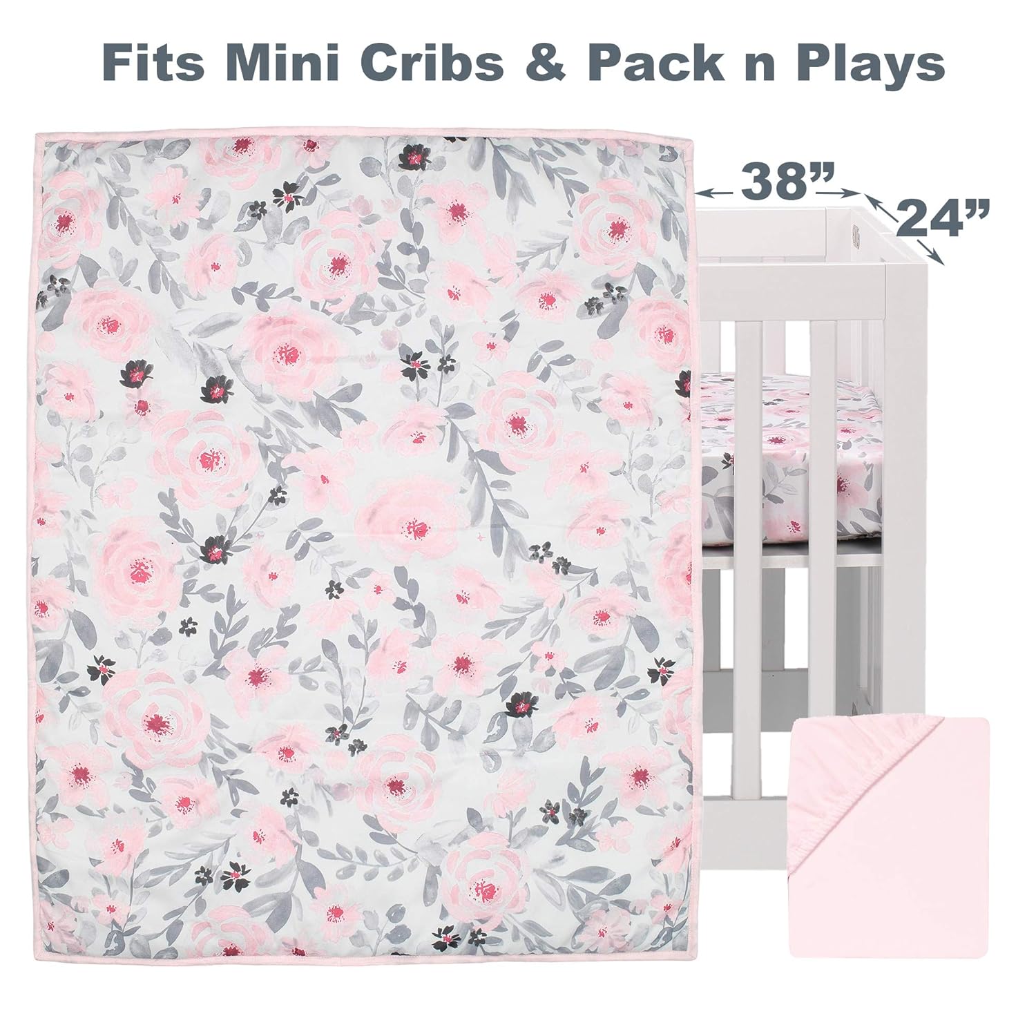 Bedtime Originals Blossom Pink Watercolor Floral 3-Piece Mini Crib Bedding Set Pack of 2