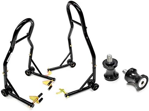 Venom Sport Bike Motorcycle Front & Rear Combo Wheel Lift Stands Fork & Swingarm Stands Paddock Stands + Low Profile 6mm Black Swingarm Spools (Compatible with Most Yamaha Bikes)