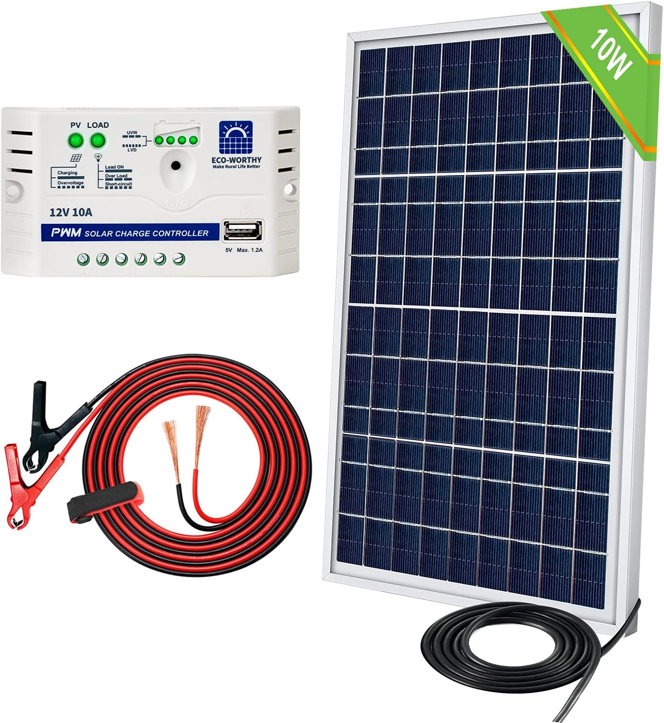 ECO-WORTHY 10W 12V Off Grid Small Solar Panel Kit - Waterproof 10 Watt Solar Panel with Charge Controller and Battery Clips Adapter Pack of 2