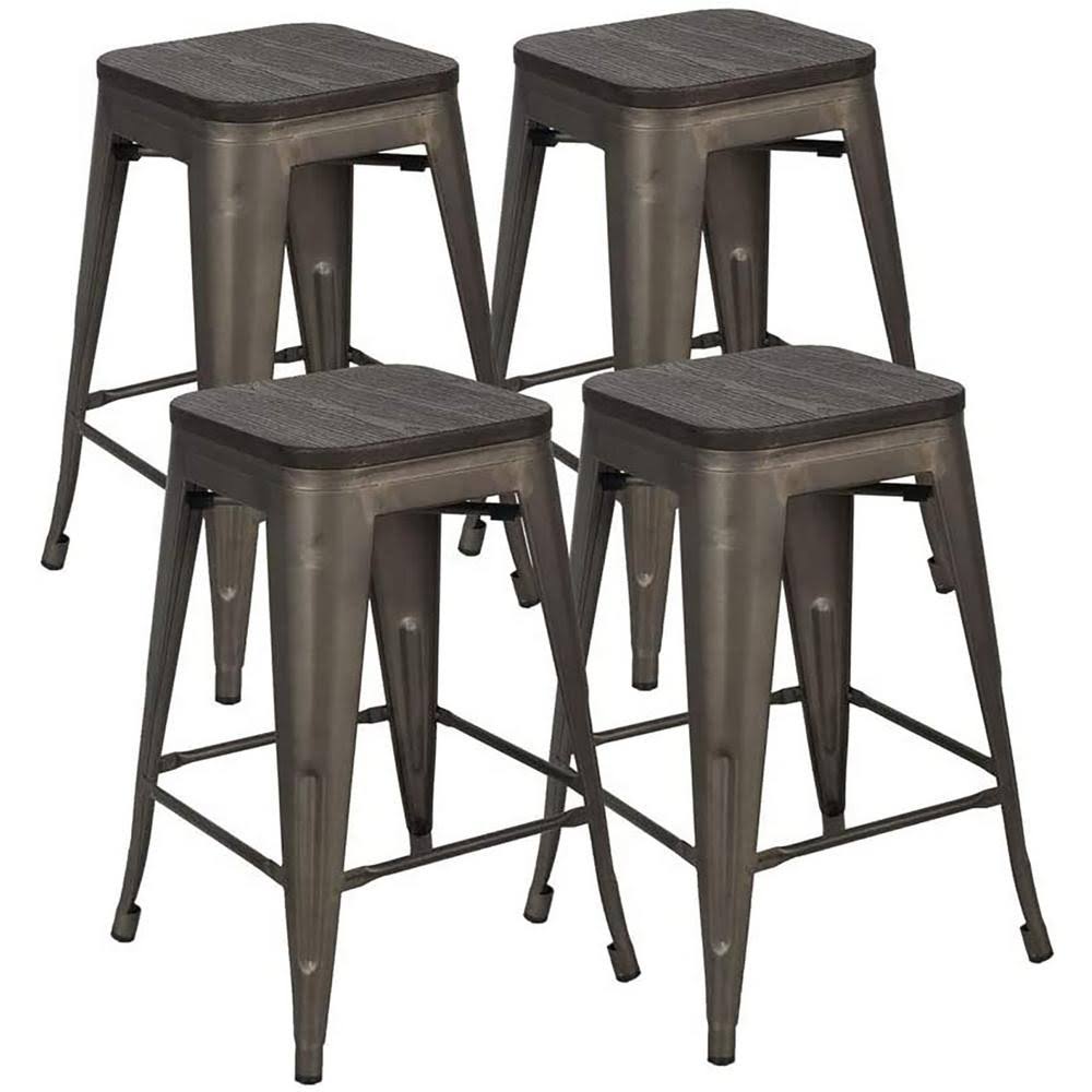 Boyel Living 24 in. Home Bar Stools Metal Bar Stools with Wood SEAT, High Backless Stackable Patio Kitchen Dining Stool (Set of