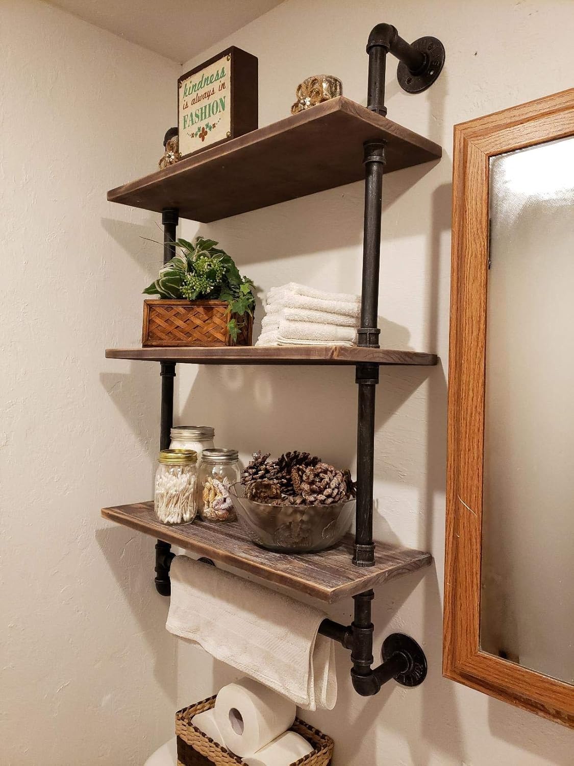 Industrial Pipe Shelf,Rustic Wall Shelf with Towel Bar,24