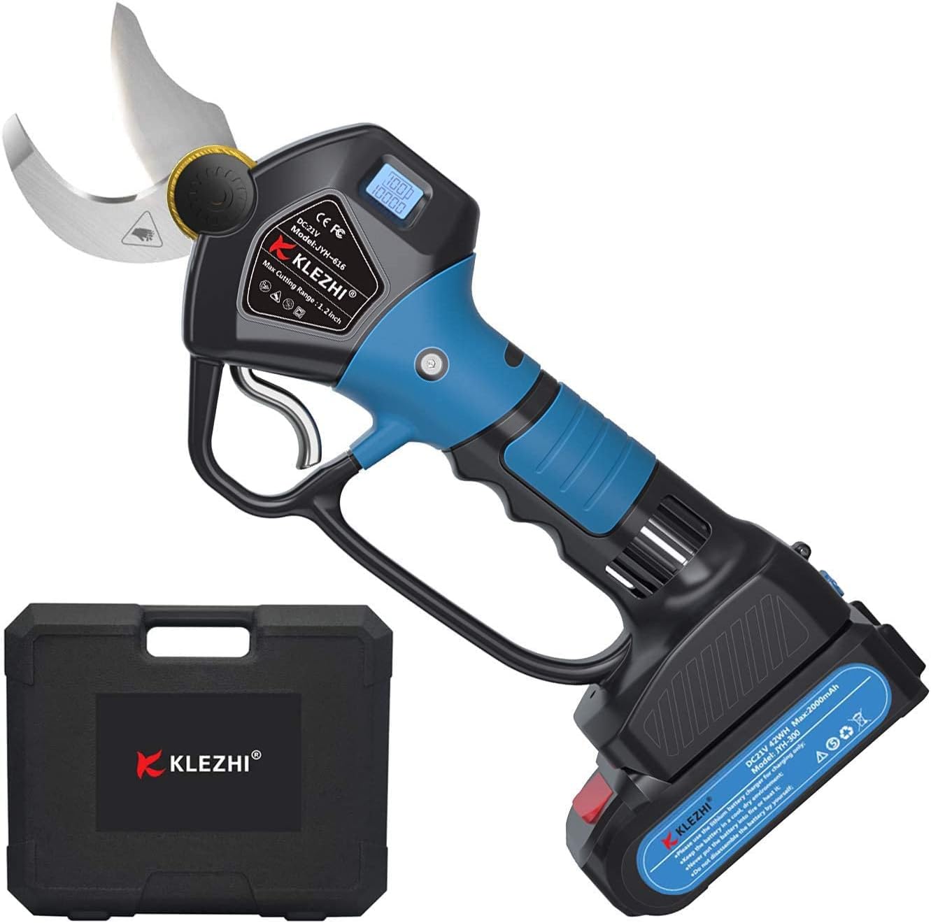 K KLEZHI Professional Sharp Cordless Electric Pruning Shears with Screen & Holder, 2 Backup Rechargeable Lithium Battery Powered Branch Trimmers, 1.2Inch/30mm Cutting Diameter 6-8 Working Hours Black